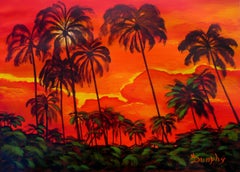 Sonnenuntergang Palmen, Gemälde, Acryl auf Papier