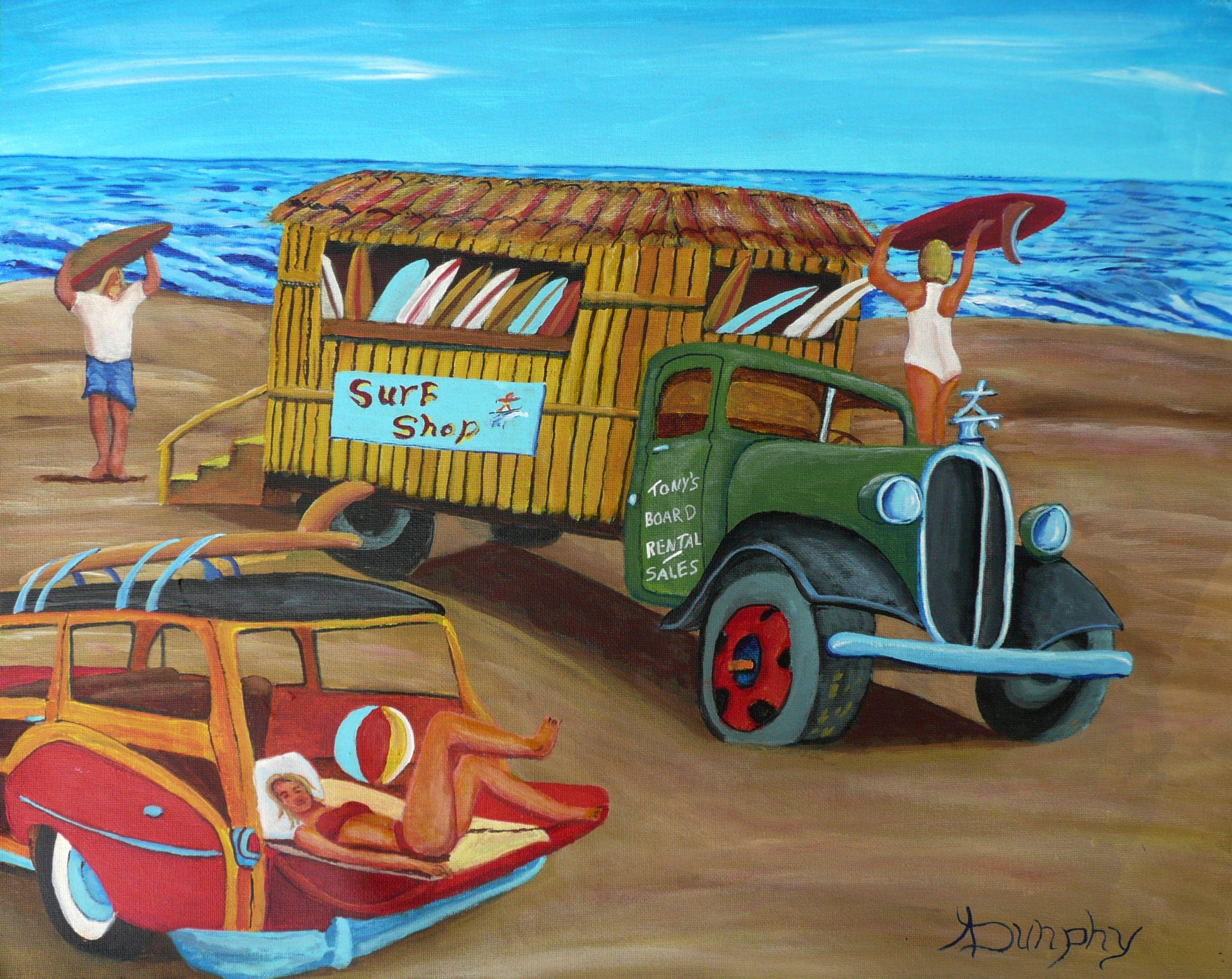 A portable surf shack waits on a beach to serve its surfing public in need of a board as the relaxed owner takes a nap in the sun on the tailgate of her classic Woody wagon.     This summer themed painting has been carefully crafted using all