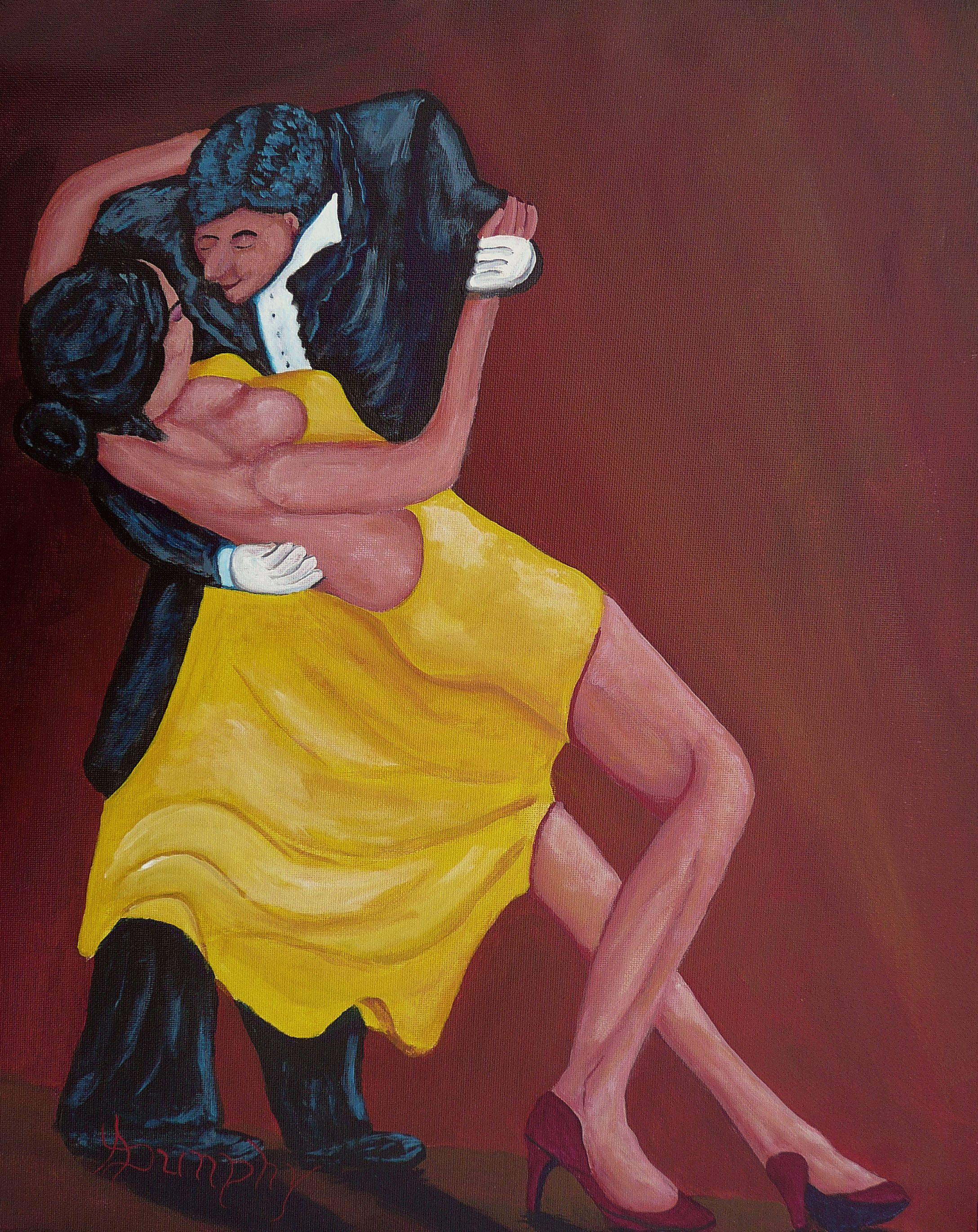 A young couple enjoying the rhythm of the music as they dance he night away. This music themed painting has been created using only professional grade acrylics on un-stretched canvas with an overall size of 16x20 inches or 50x40 centimeters. ::