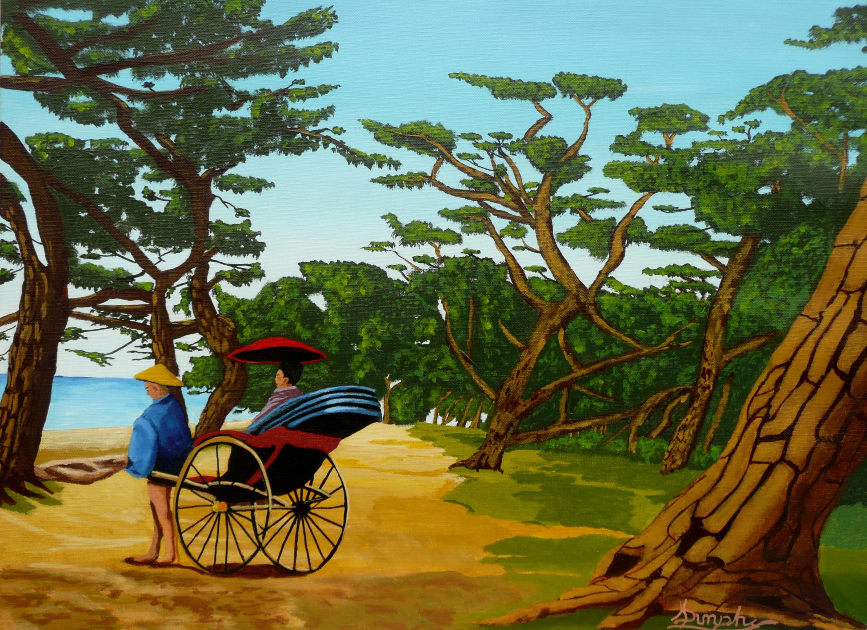 A painting in acrylics of a Japanese lady going for a carriage ride in the last century :: Painting :: Contemporary :: This piece comes with an official certificate of authenticity signed by the artist :: Ready to Hang: No :: Signed: Yes ::