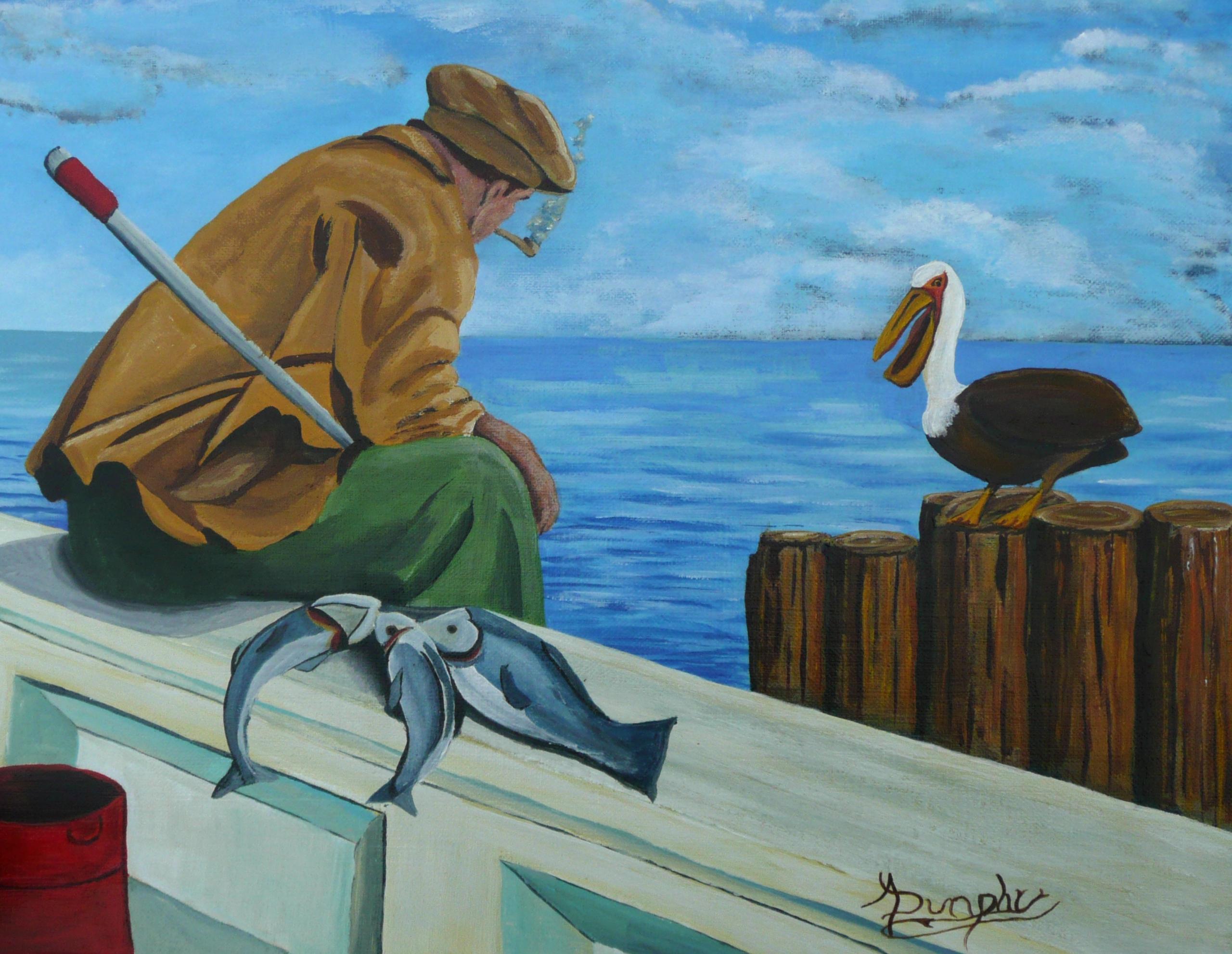 A humorous painting of a fisherman who has to keep an eye on his catch as a pelican takes an interest in his fish. :: Painting :: Contemporary :: This piece comes with an official certificate of authenticity signed by the artist :: Ready to Hang: No