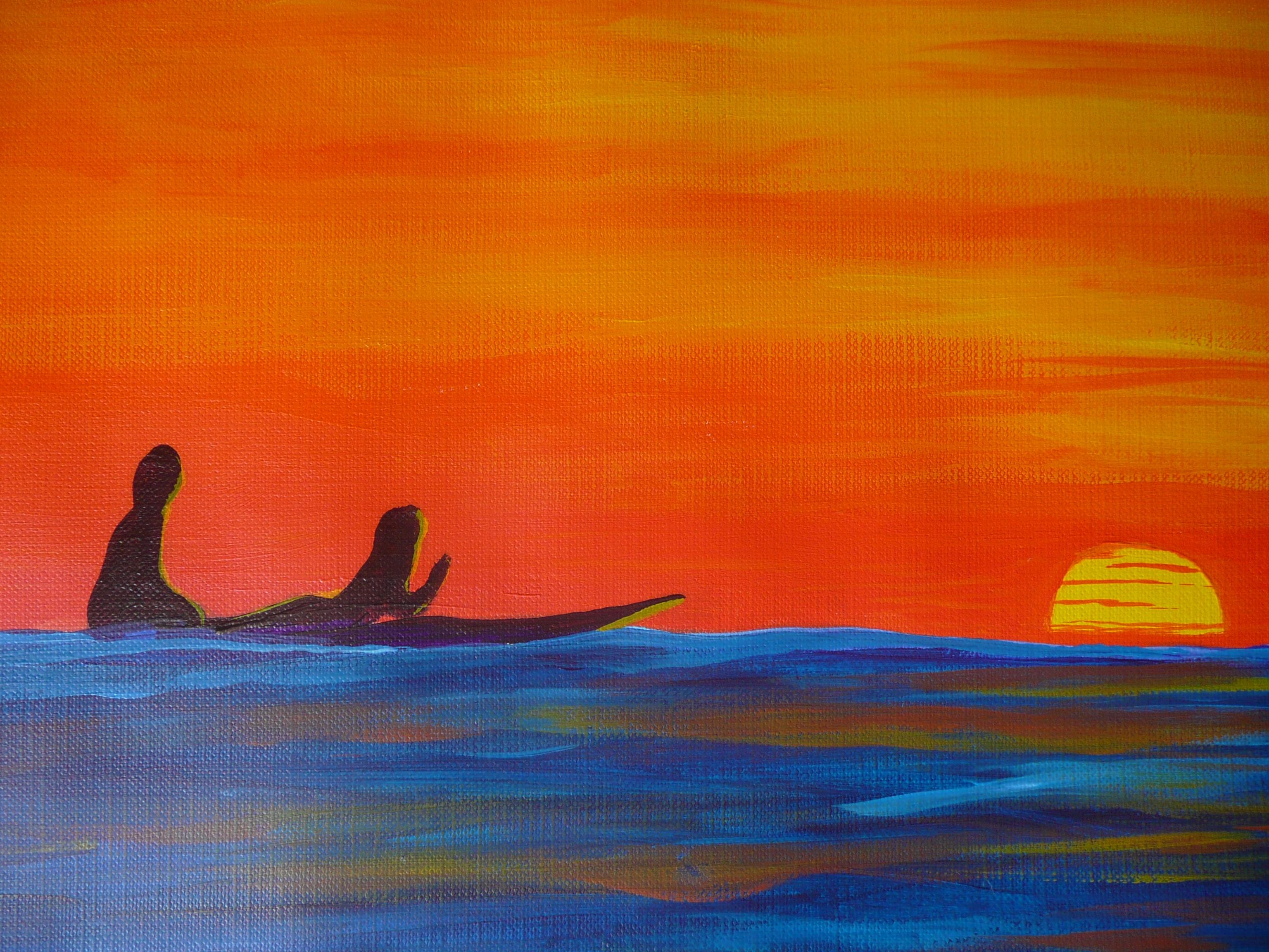 As the sun drops below the horizon these surfers are treated to a glowing sky as they enjoy the last set of waves for the day.     This painting has been created using professional grade acrylics on archival quality 118 lb canvas paper.The overall