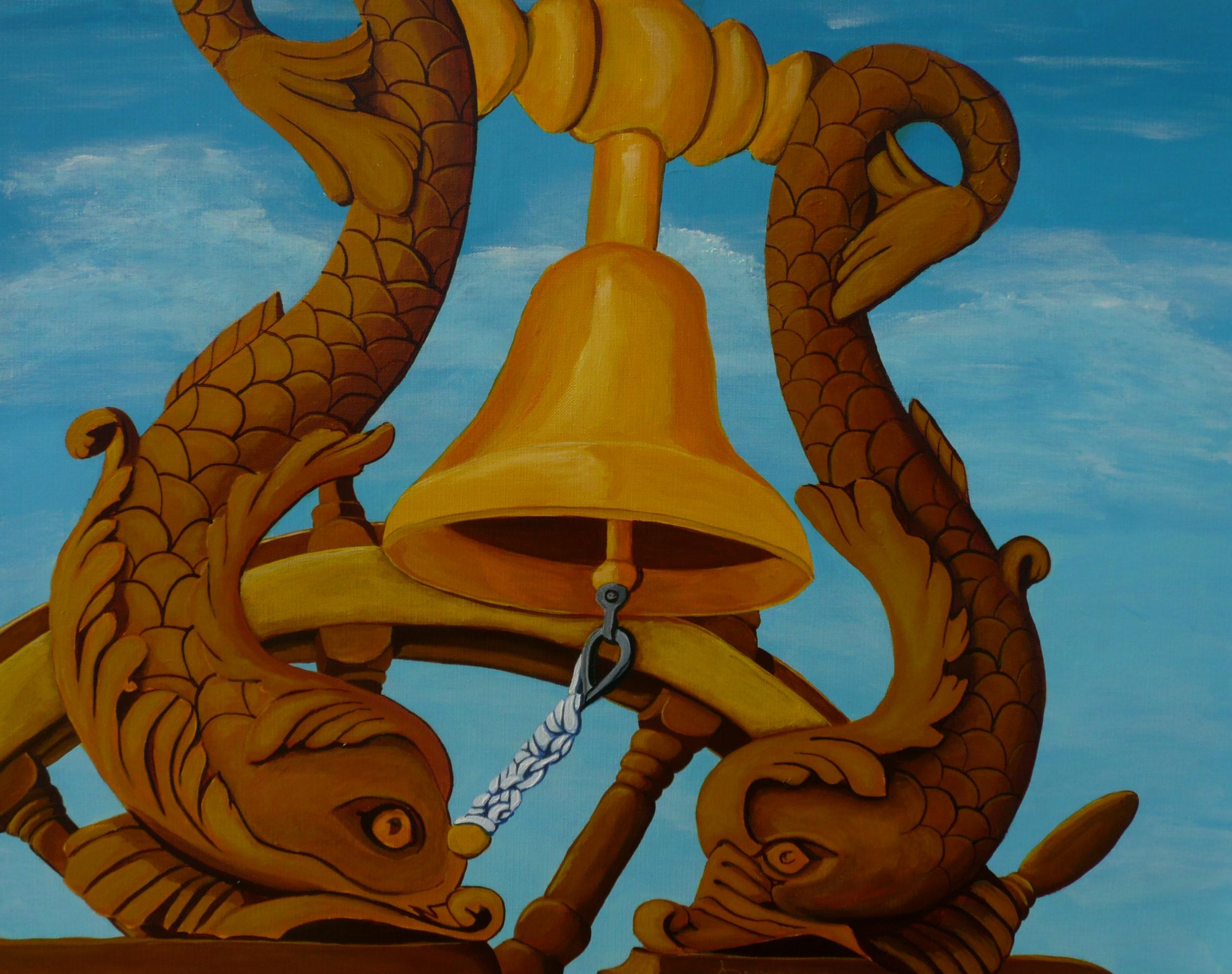 A 16X20 inch acrylics on canvas paper painting of a ships helm and bell. The bell is supported by two carved wood dolphins. :: Painting :: Contemporary :: This piece comes with an official certificate of authenticity signed by the artist :: Ready to
