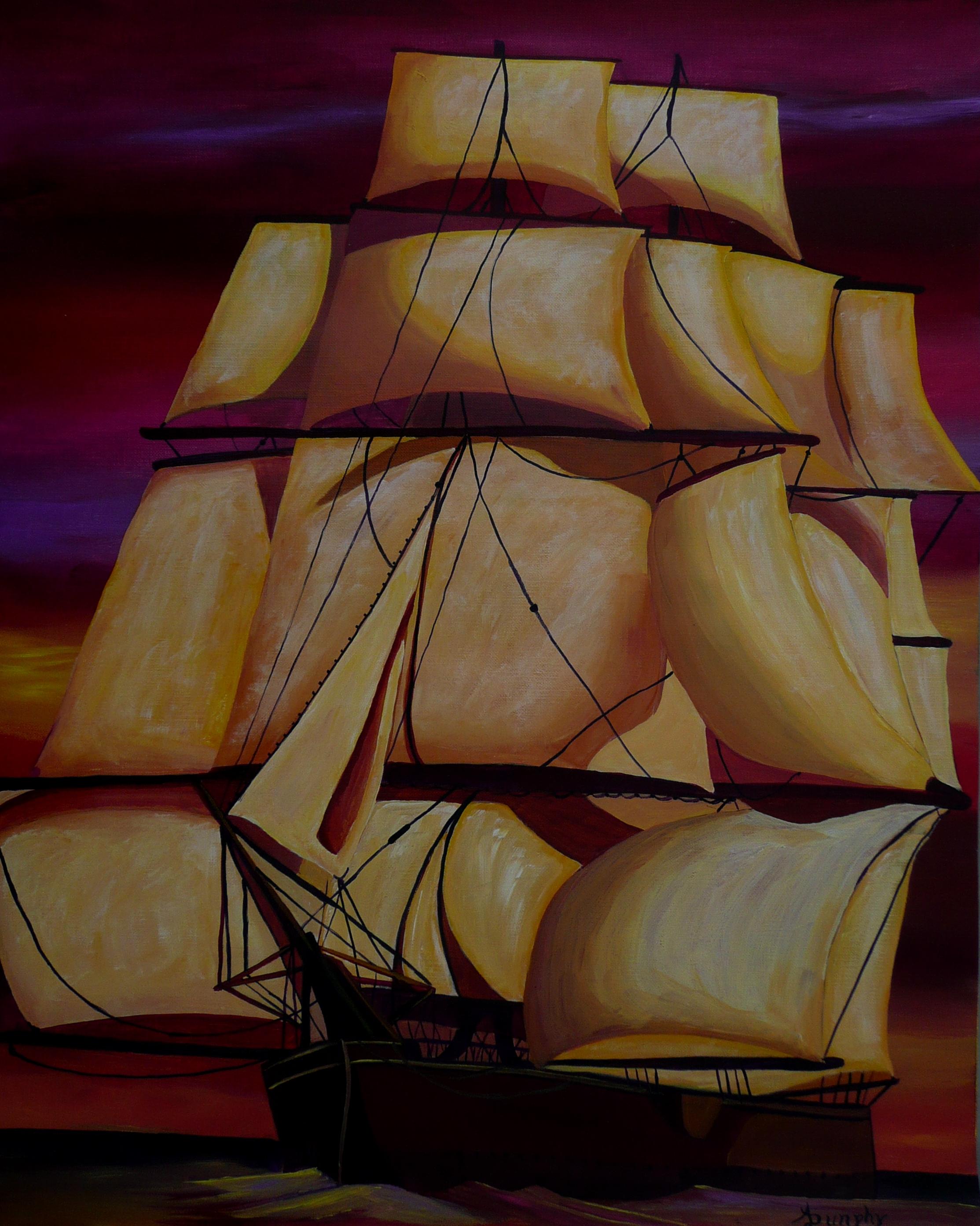 This 20X16 inch or 50X40 centimeter acrylics on archival quality canvas paper painting depicts the HMS Calypso under her full compliment of sails at sea during a vivid sunset with the light catching all her sails.It has been given a coat of clear