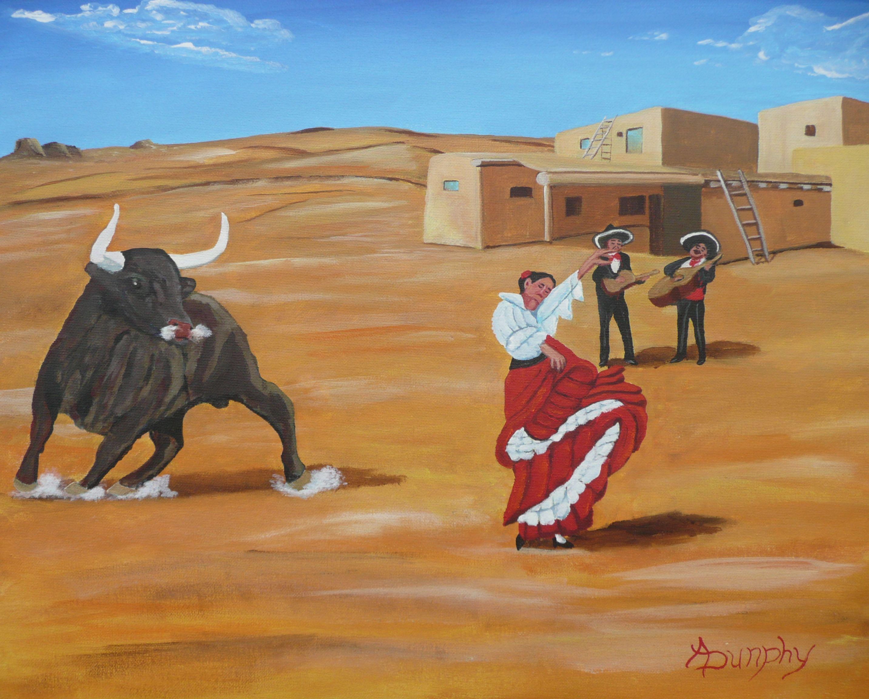 This young lady is minding her own business as she dances to the music from the two guitar players and doesn't notice the dangerous and unwanted attention she has gathered. This western themed painting has been created using all professional grade