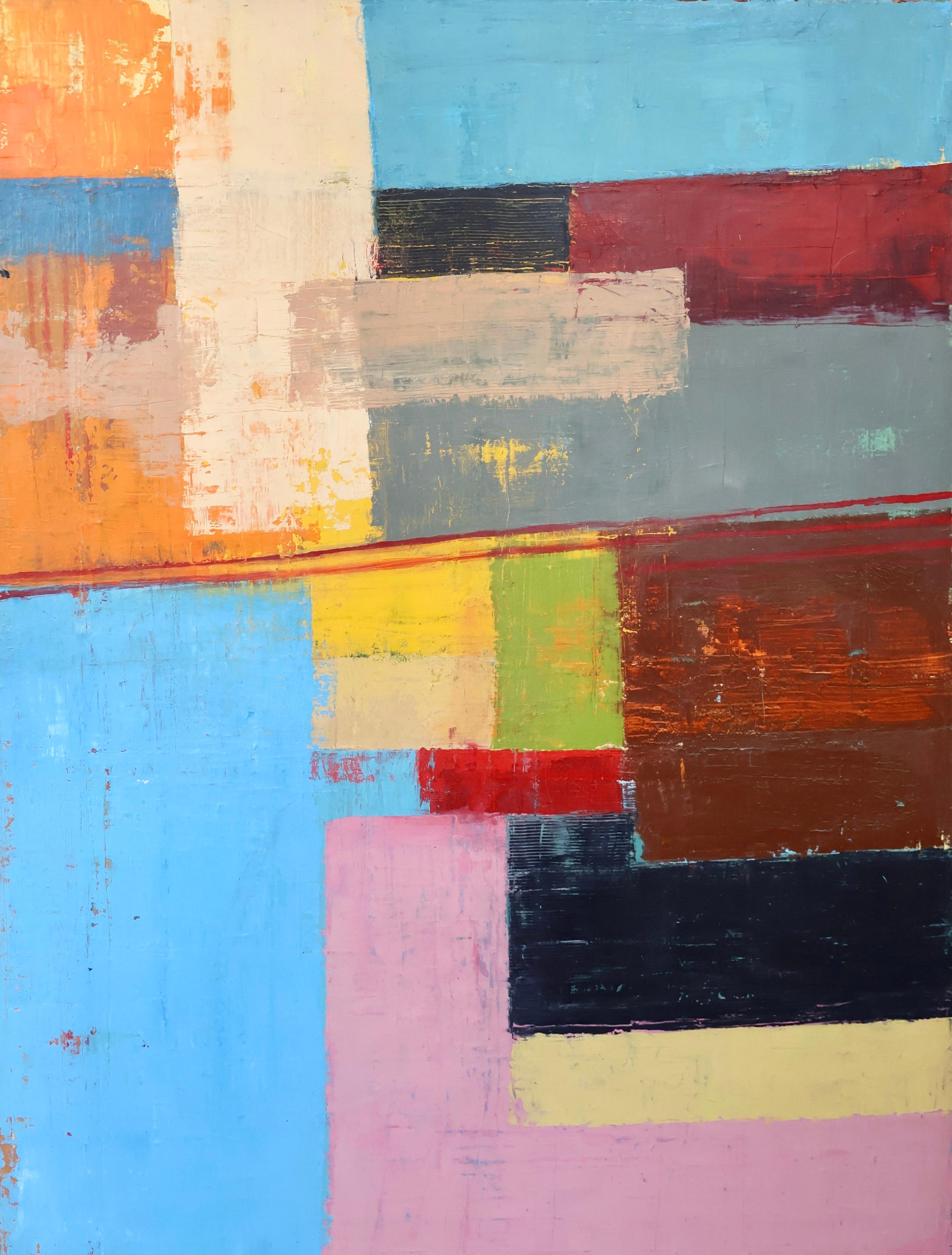 This 38" x 48" x 1.25" oil painting on canvas by Boston, Massachusetts-based artist Anthony Dyke uses red, orange, blue, pink and yellow simplified forms to create an atmospheric colorfield painting. Thinner layers of paint are applied on top of