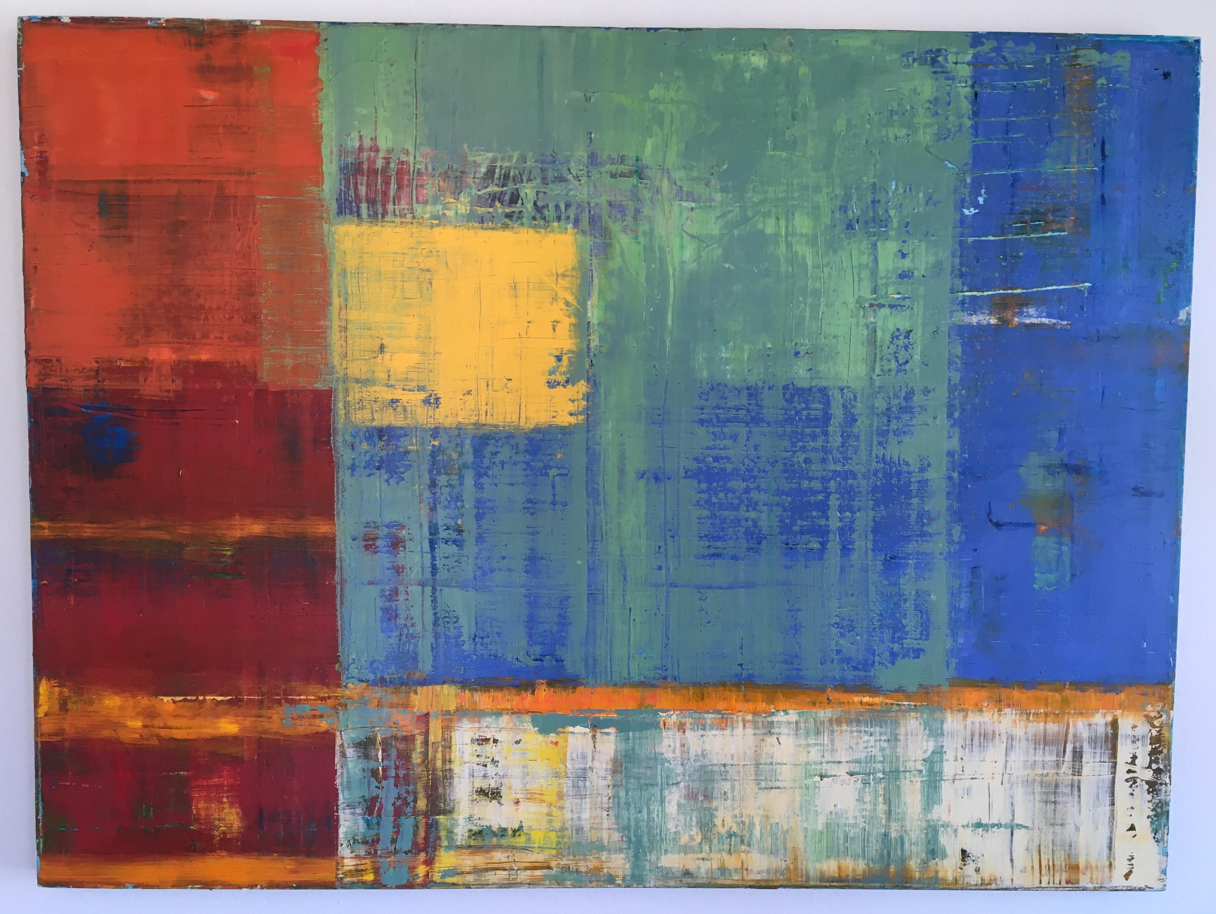 "Cabana", by Anthony Dyke is a 36" x 48" x 1.5" oil on canvas painting. Its flag-like imagery is influenced by Jasper Johns' flag paintings. The layered and scraped surface in tropical blues, greens, whites and yellow, and its horizontal banding