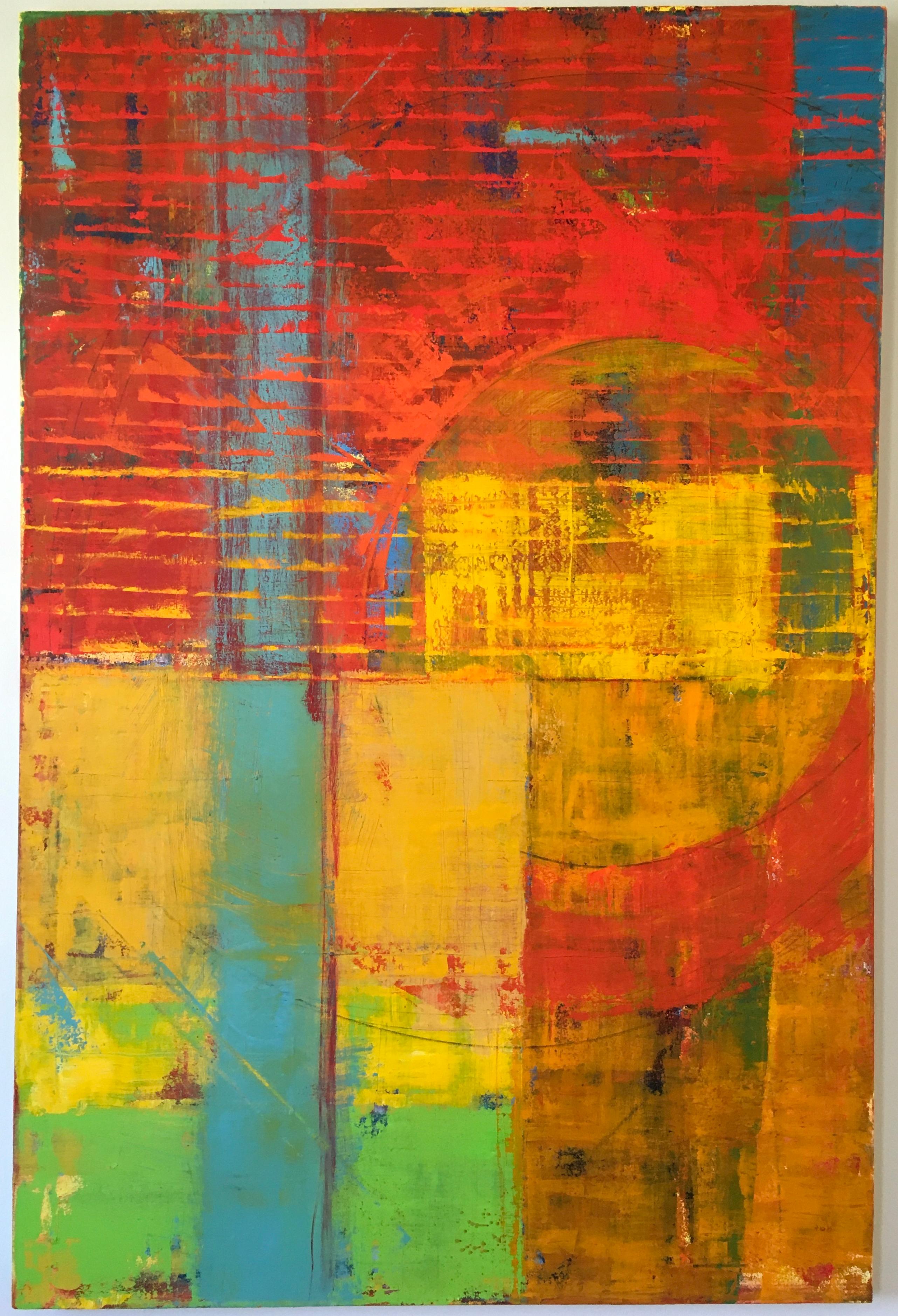 Anthony Dyke's "Solarium," a 74 x 48 x 1.25 inch oil on canvas painting, references solar flares in its use of shape and color. The bright values of yellows, reds and blues surround a large red circular shape. The bright color wavelengths give this