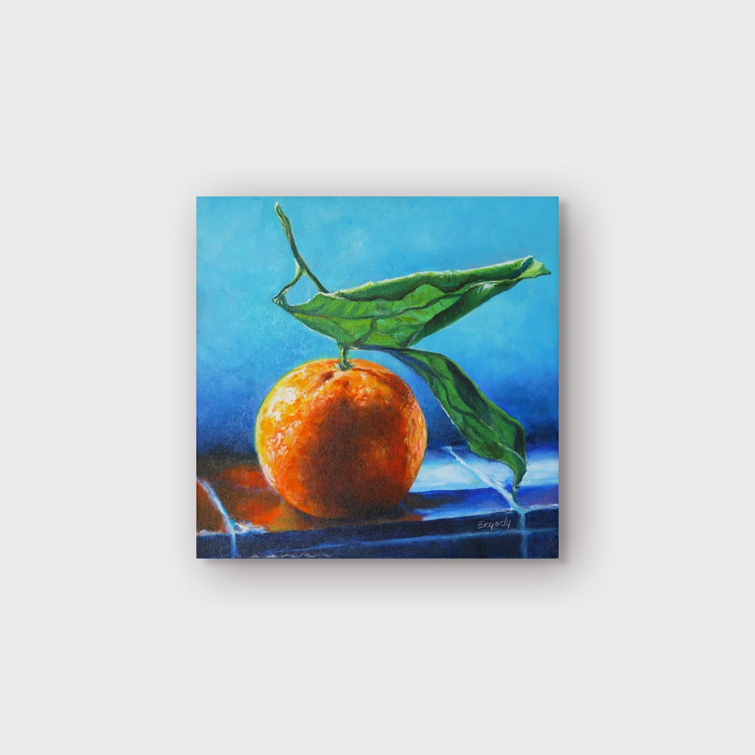 Öl-Stilllebengemälde, „Orange auf blauen Kacheln“, Öl  – Painting von Anthony Enyedy