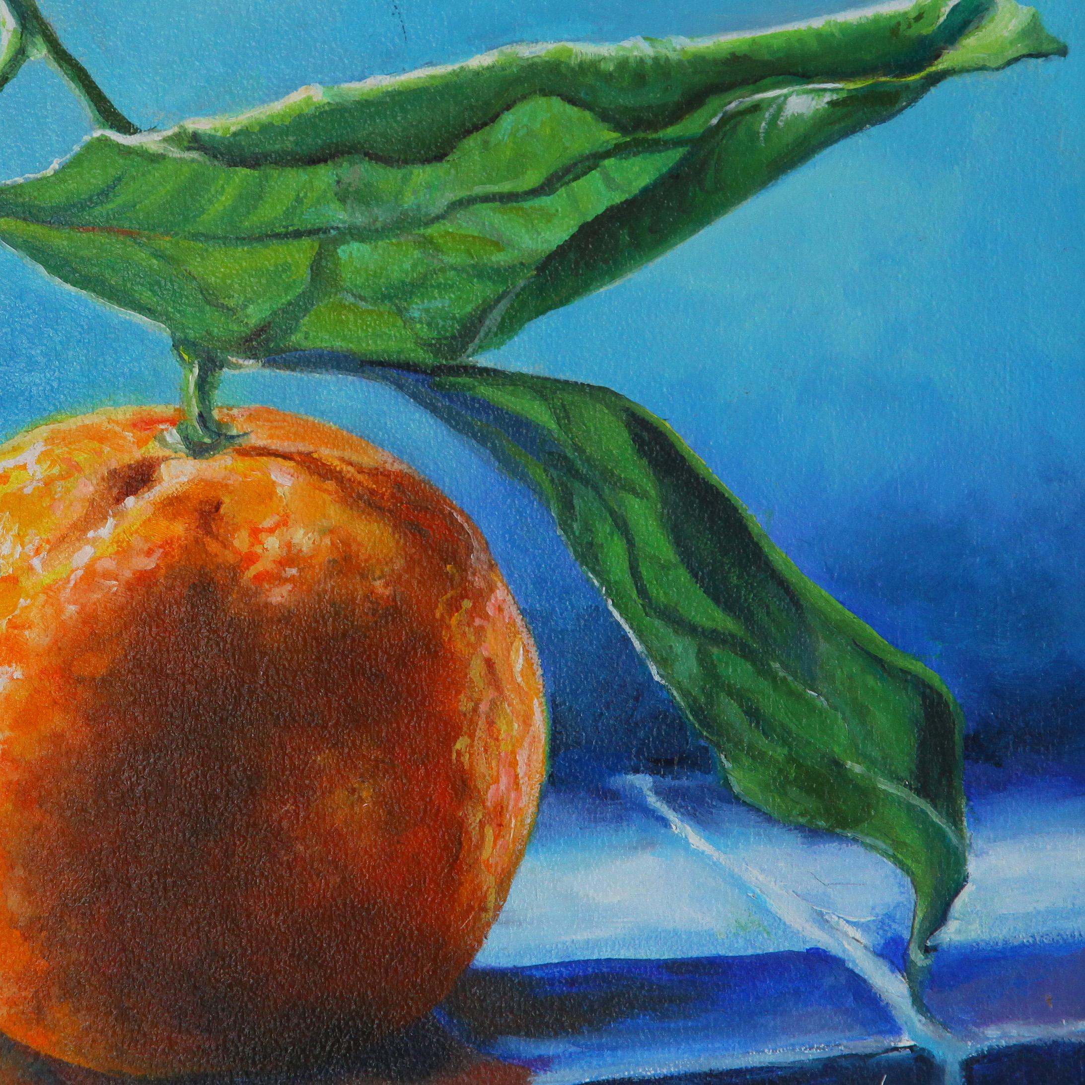 Öl-Stilllebengemälde, „Orange auf blauen Kacheln“, Öl  (Realismus), Painting, von Anthony Enyedy