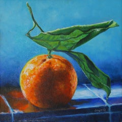 Öl-Stilllebengemälde, „Orange auf blauen Kacheln“, Öl 