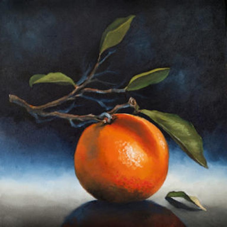 Anthony Enyedy Still-Life Painting – Kleines Öl-Stillleben, "Orange mit Blättern"