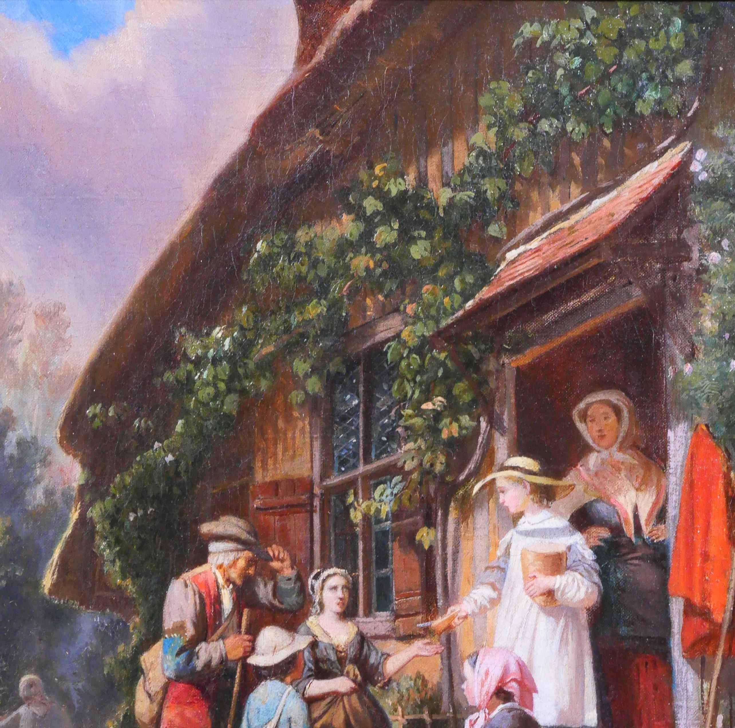 Scène paysanne, jeune femme donnant du pain - École de Barbizon Painting par Anthony Eugène RENOUARD