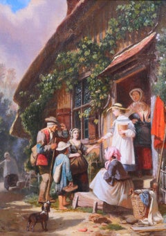 Antique Peasant scene, young woman giving bread