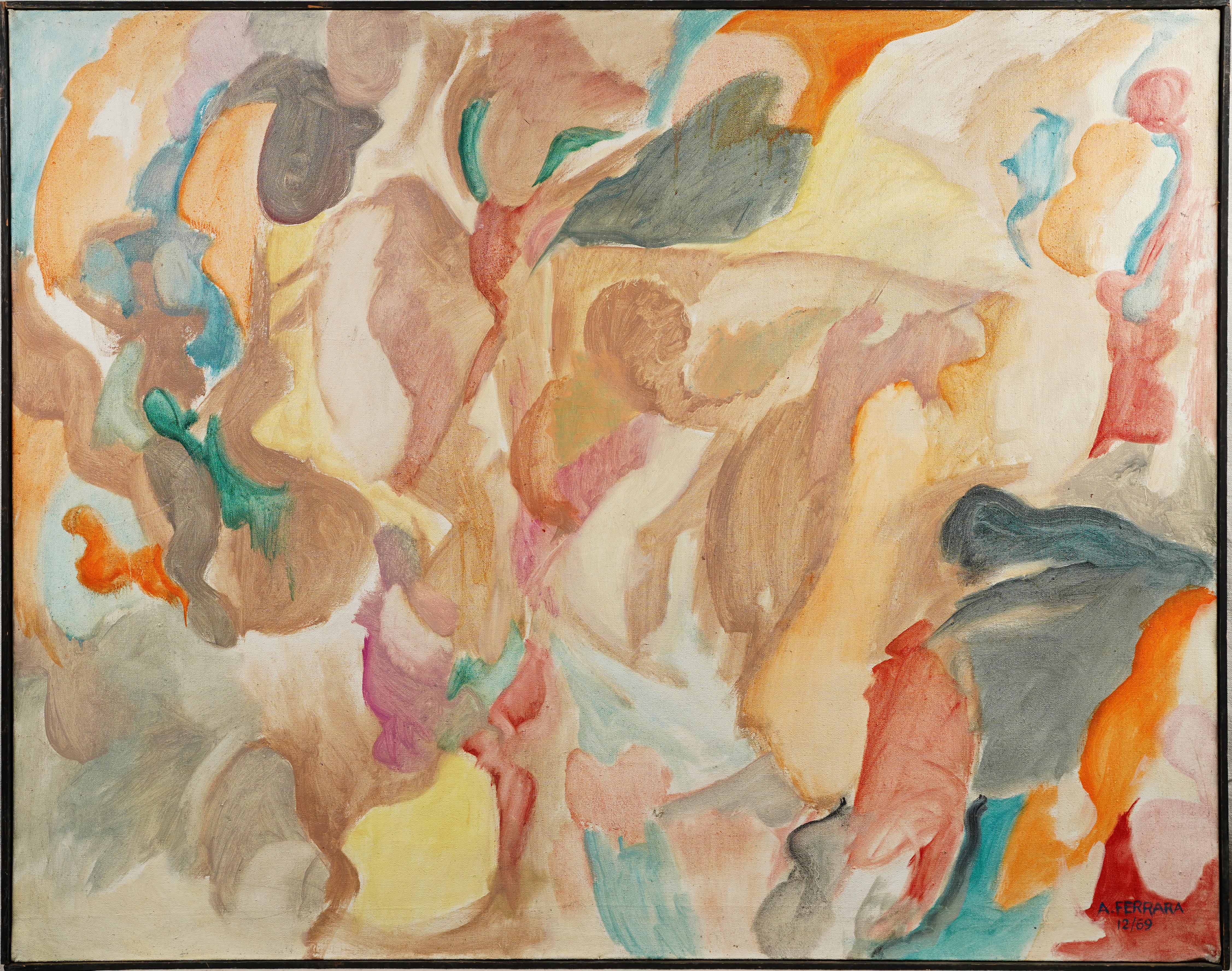 Grande dipinto antico americano modernista rosa pastello astratto con cornice - Painting di Anthony Ferrara 