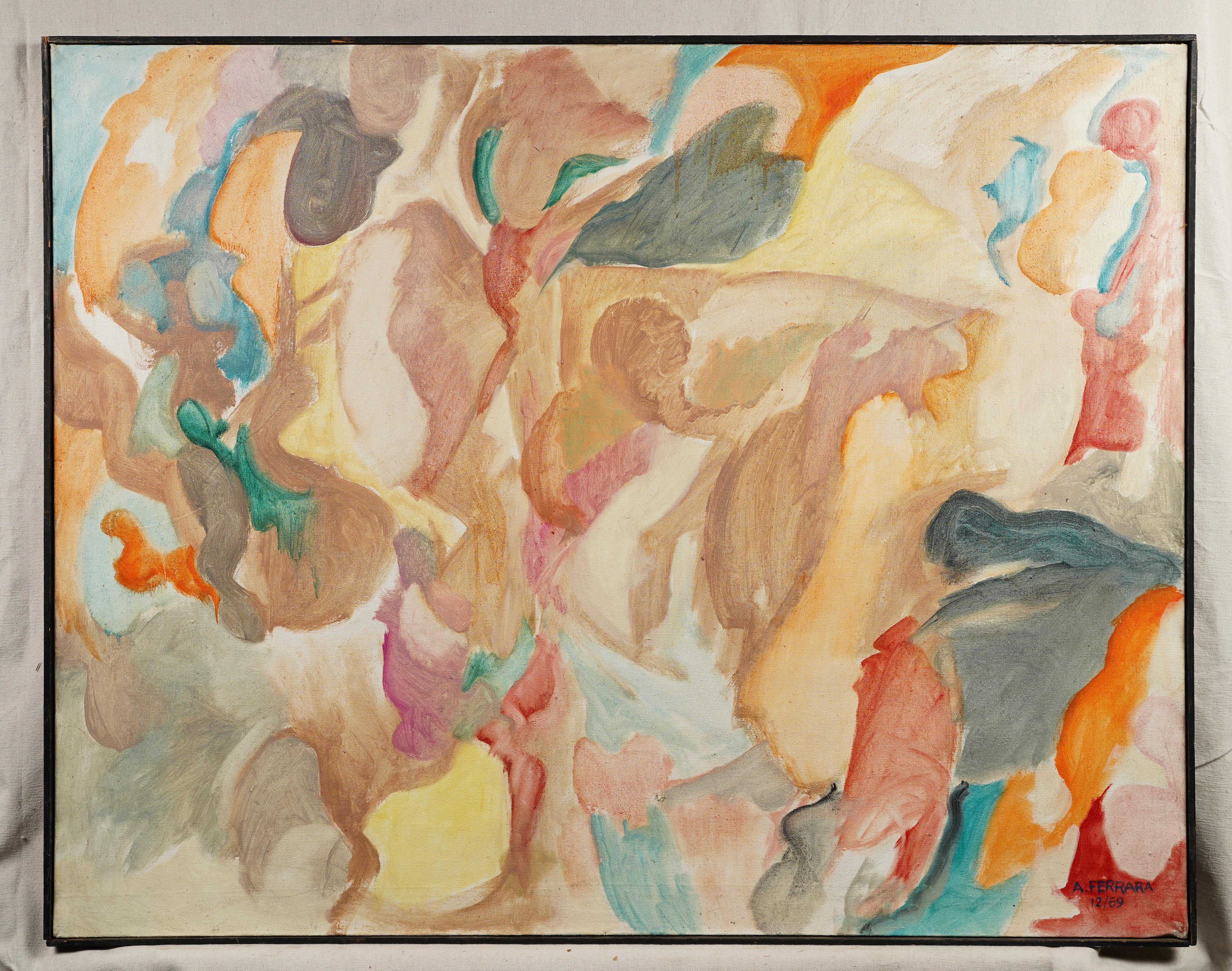 Grande dipinto antico americano modernista rosa pastello astratto con cornice - Painting Astratto di Anthony Ferrara 