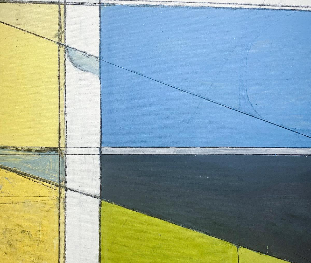 Abstract Geometric oil painting on canvas in bright yellow, sky blue, and white - inspired by abstract expressionist Richard Diebenkorn
