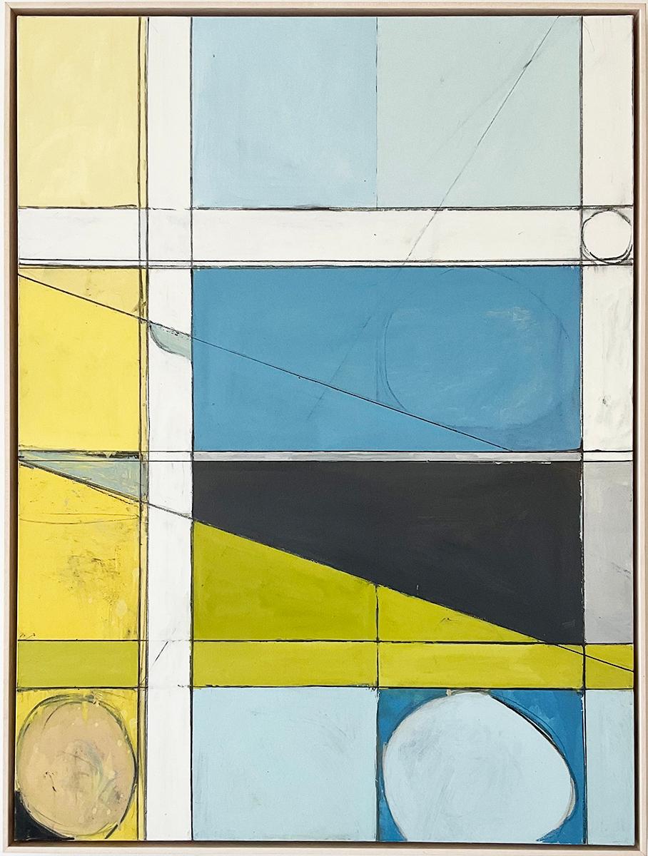 Anthony Finta Abstract Painting - Ceremony (Abstract Geometric Vertical Oil Painting in Yellow, White & Blue)