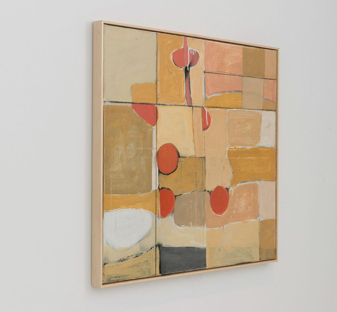 Gestural Abstract Expressionist painting in earth tones of warm yellow, peach, and beige, with accents of white and red
