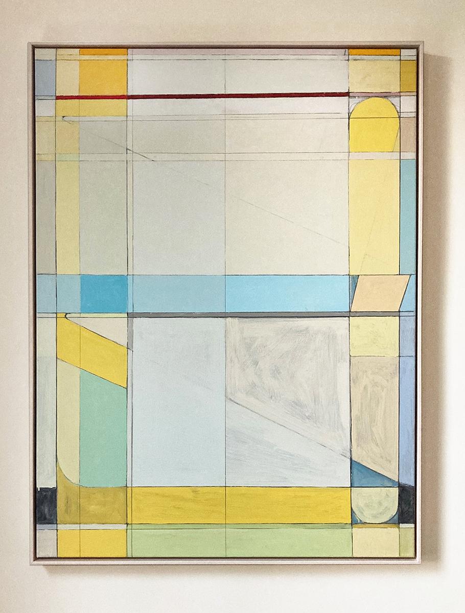 Leave Me Alone (Abstract Geometric Painting in Pastel Tones with Blue & Yellow) For Sale 1