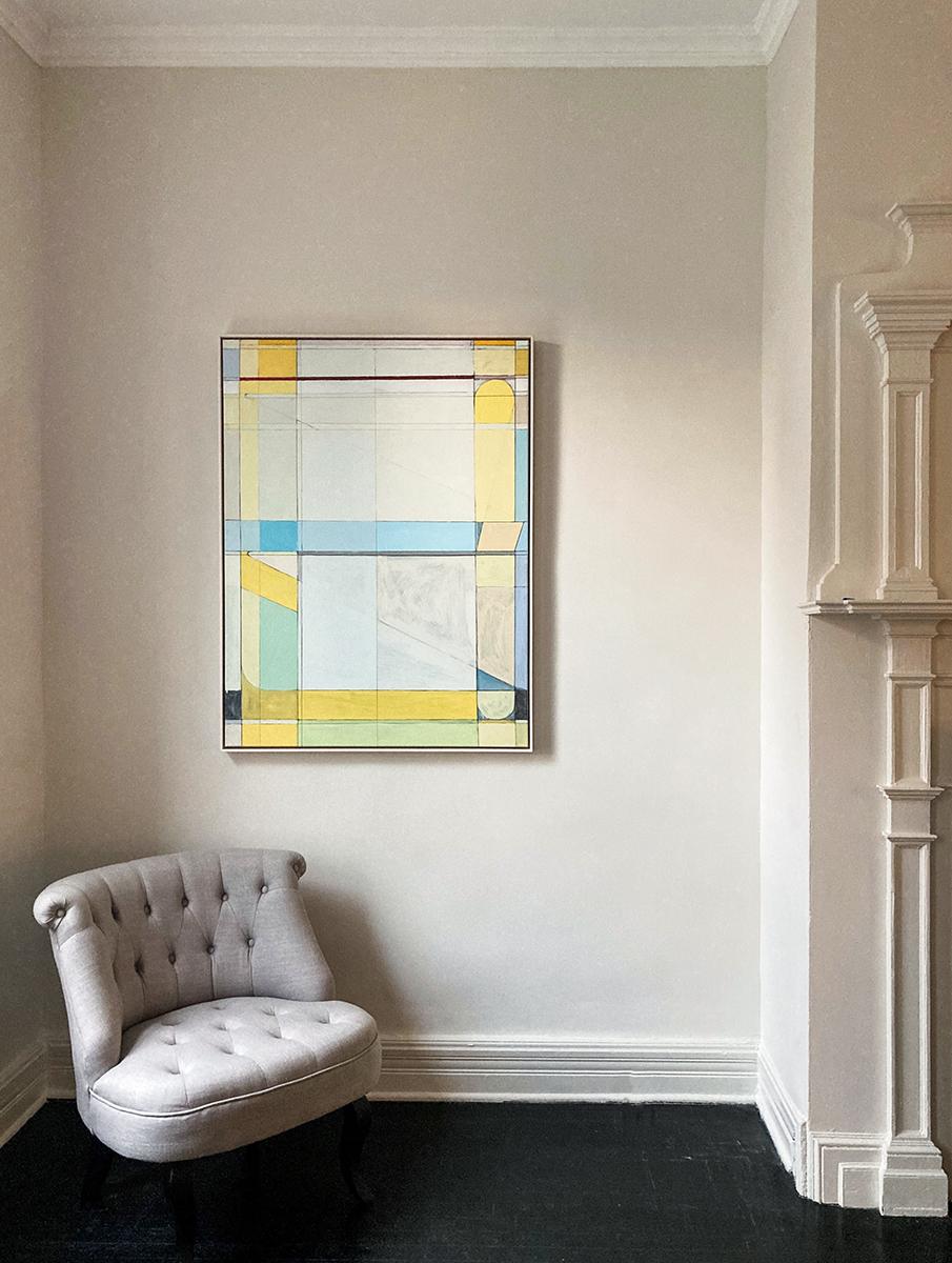 Leave Me Alone (Abstract Geometric Painting in Pastel Tones with Blue & Yellow) For Sale 2
