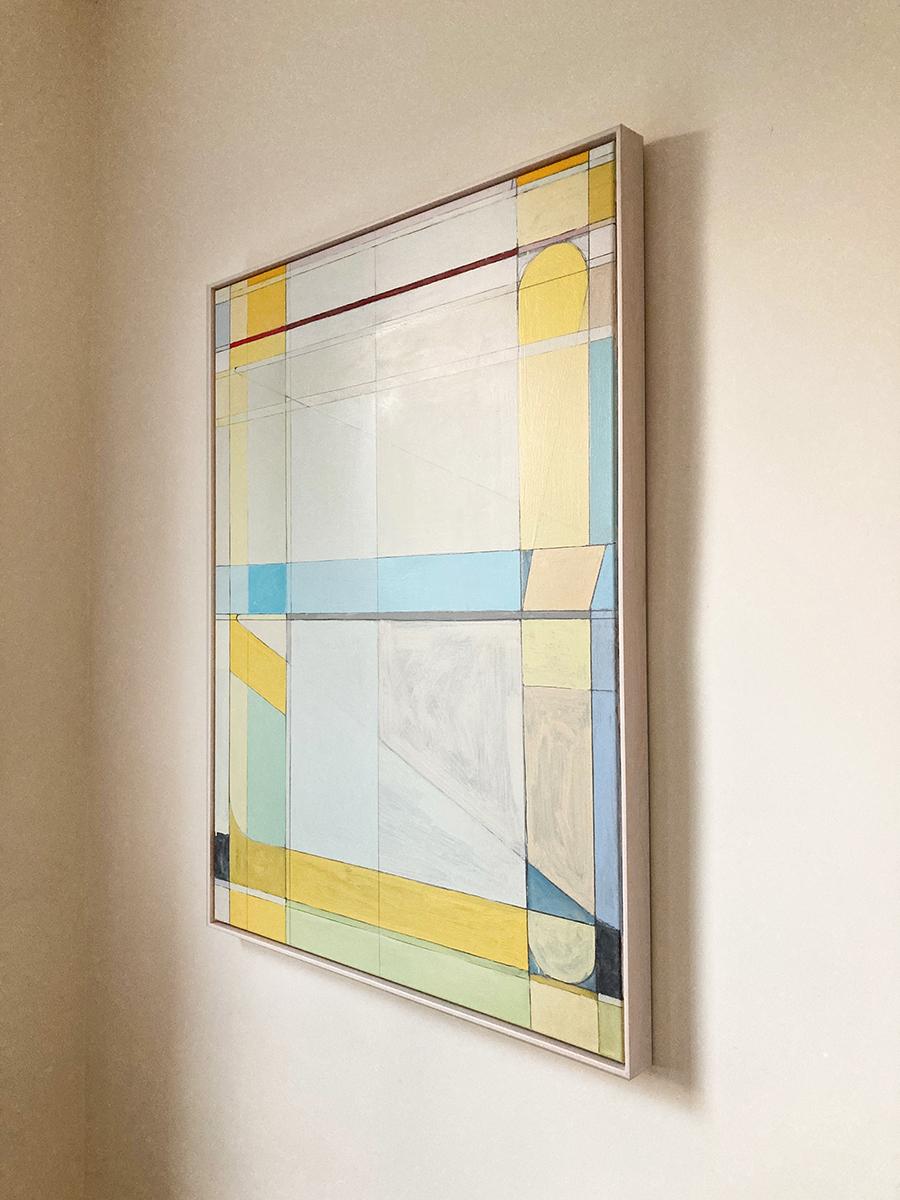Leave Me Alone (Abstract Geometric Painting in Pastel Tones with Blue & Yellow) For Sale 3