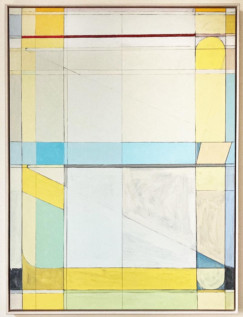 Abstract geometric painting in pastel shades of off-white, yellow, green, and light blue - inspired by abstract expressionist Richard Diebenkorn
"Leave Me Alone" painted by Hudson Valley, NY based artist, Anthony Finta, in 2022
oil, enamel, pencil,