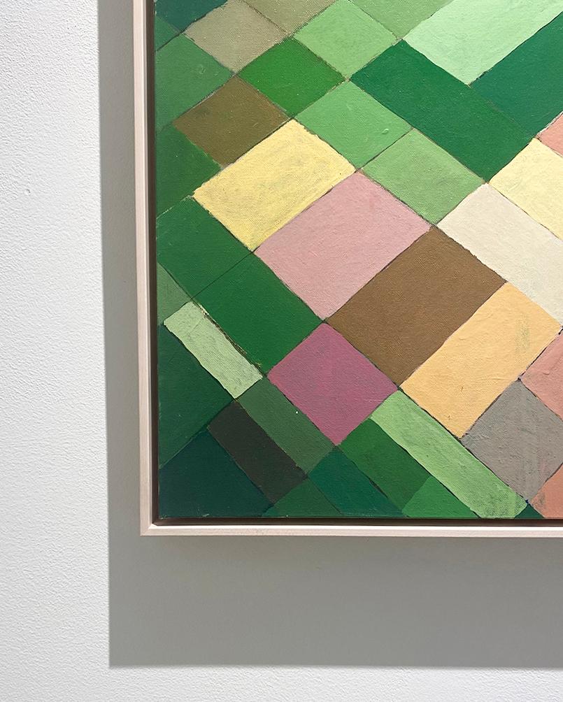 Abstract geometric aerial landscape of farm fields in vivid shades of green with earth tones of terracotta, peach, beige, sienna, and mauve - inspired by abstract expressionist Richard Diebenkorn
