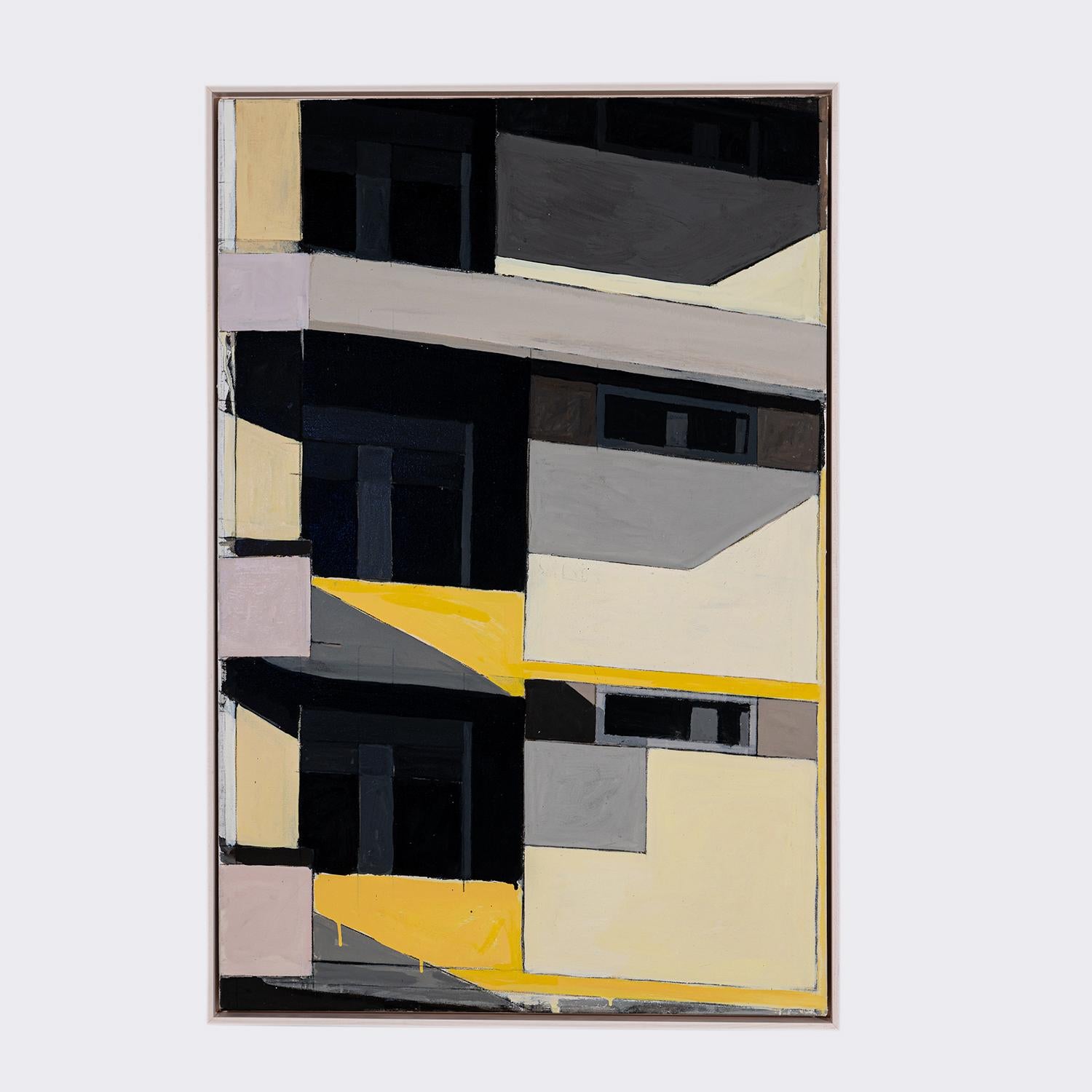 Ospedale II (Abstract Mid Century Modern, Building Facade in Black & Yellow) - Abstract Geometric Painting by Anthony Finta
