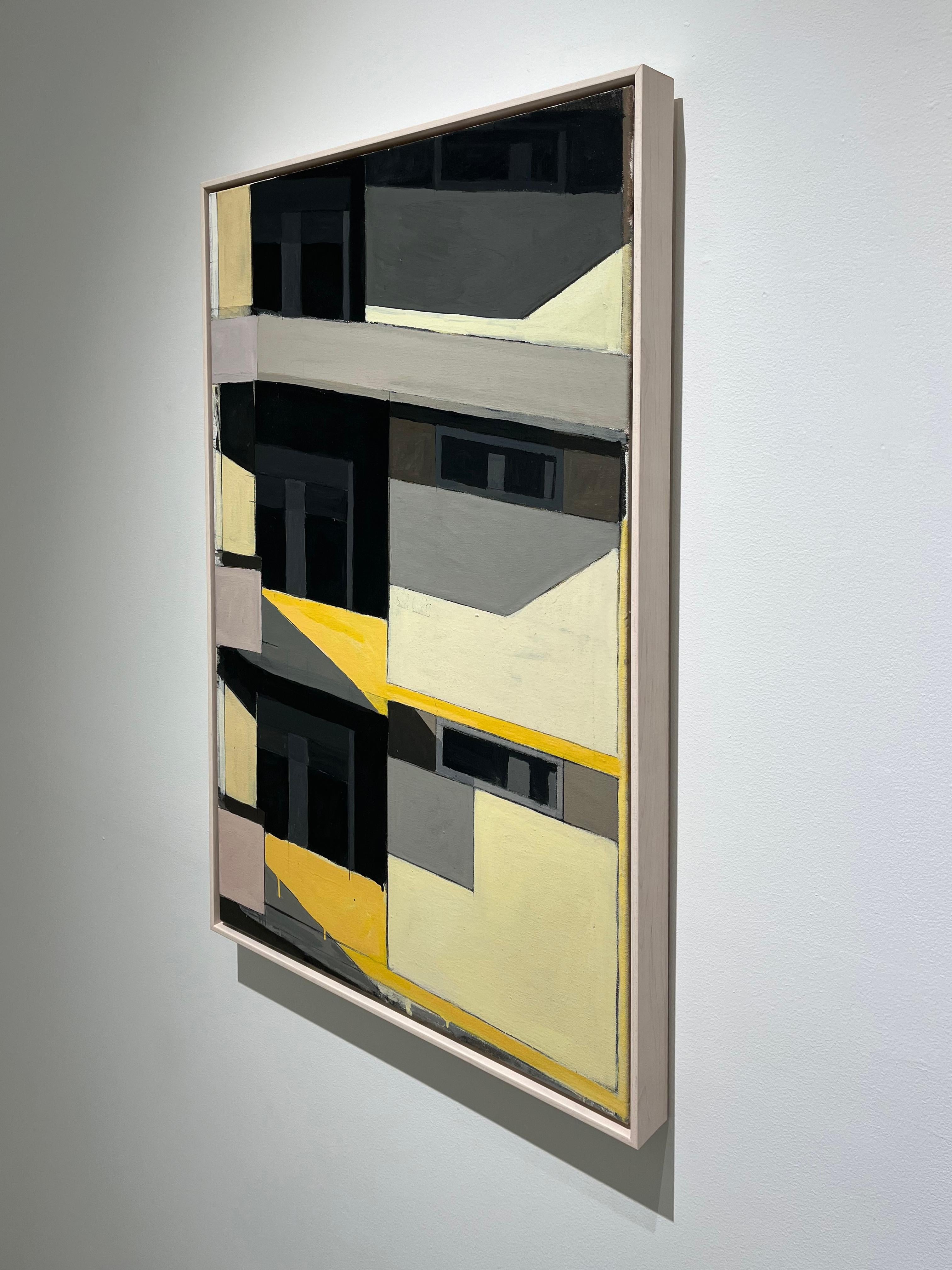 Ospedale II (Abstract Mid Century Modernity, Building Facade in Black & Yellow) - Marron Abstract Painting par Anthony Finta
