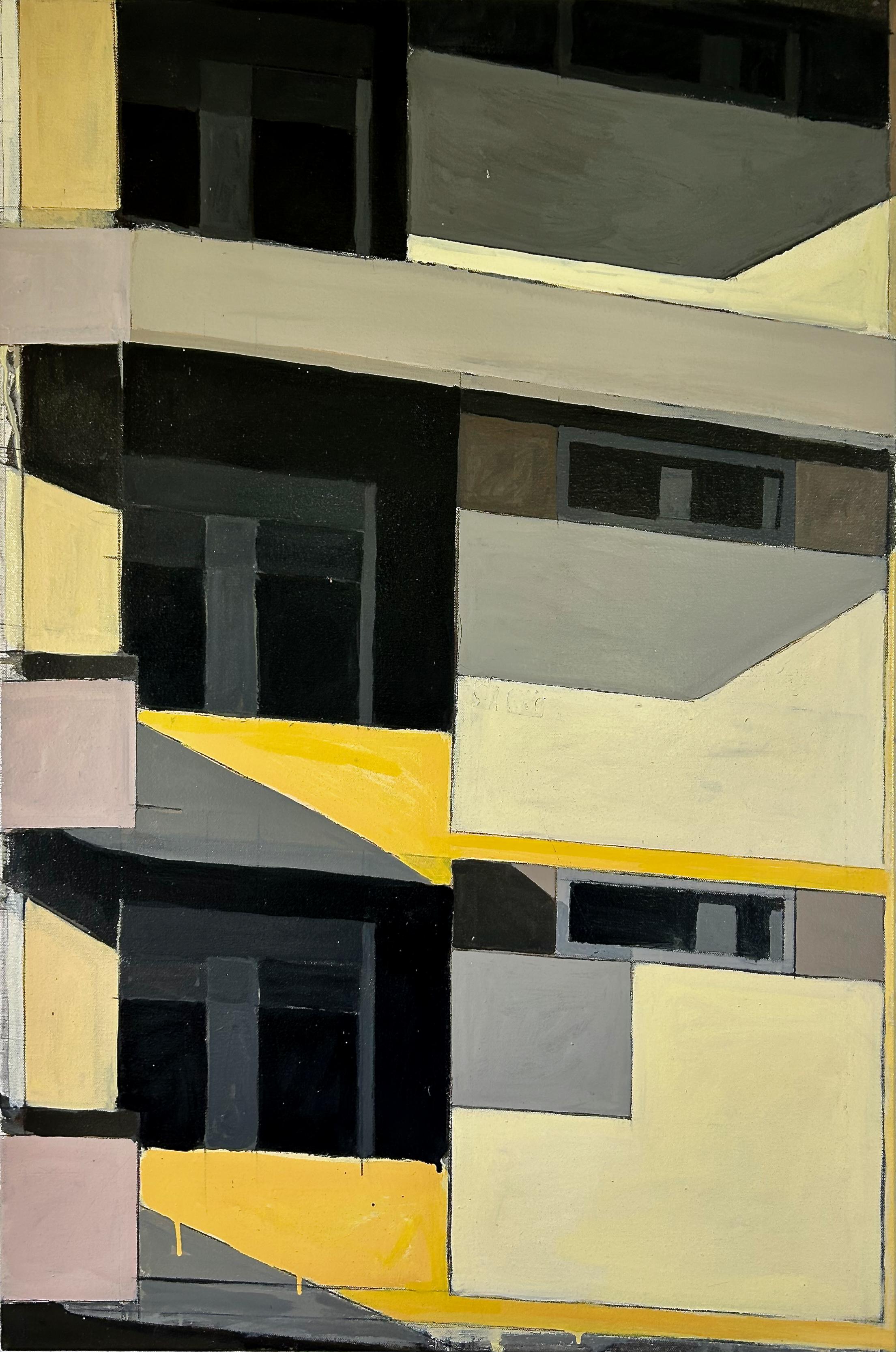 Ospedale II (Abstract Mid Century Modern, Building Facade in Black & Yellow) - Painting by Anthony Finta
