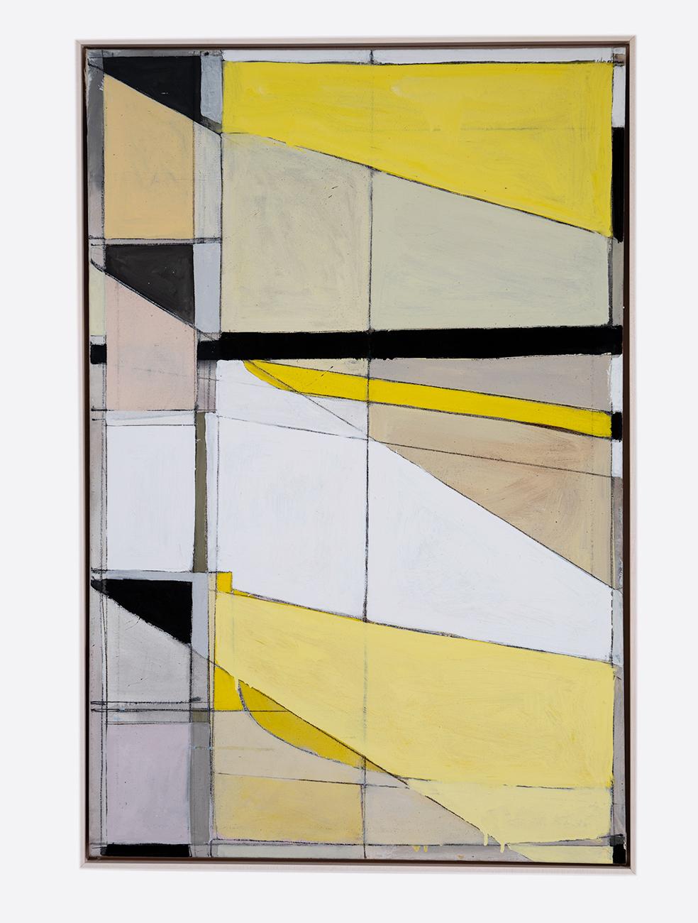 Contemporary Abstract geometric painting in vivid shades of yellow, greys, white, and black 
