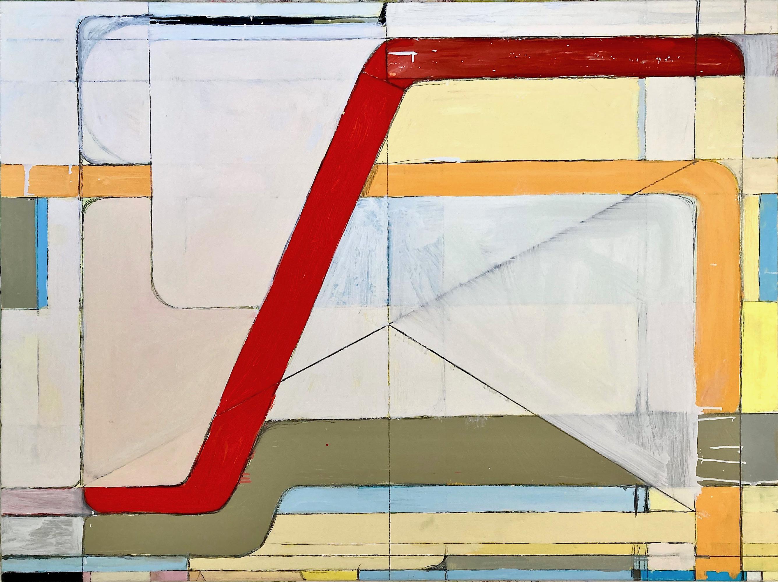 Abstract geometric painting in pastel shades of white, yellow, green, orange, and red 
"Ultraviolence" painted by Hudson Valley, NY based painter, Anthony Finta, in 2022
36 x 48 inches  oil, enamel and pencil collage on canvas
37 x 49 x 1.5 inches