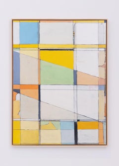 Window Seat (Geometric, Lyrical Abstract Vertical Oil Painting in Yellow & Blue)