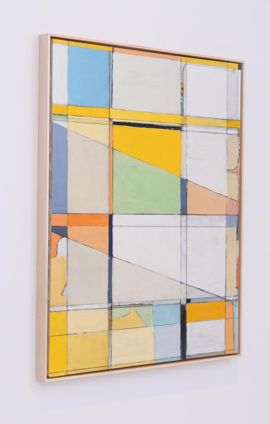 Geometric, Lyrical Abstract oil painting on canvas in bright yellow, sky blue, and white - inspired by abstract expressionist Richard Diebenkorn
