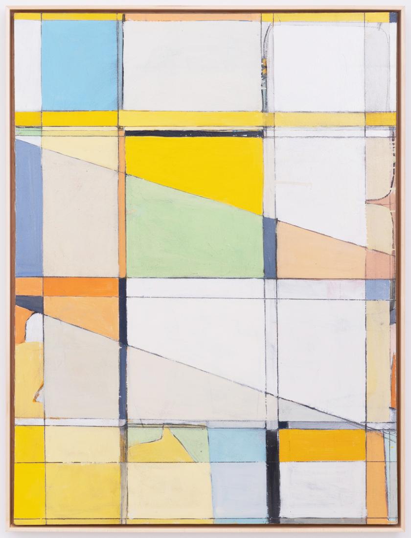 Window Seat (Geometric, Lyrical Abstract Vertical Oil Painting in Yellow & Blue) - Mixed Media Art by Anthony Finta