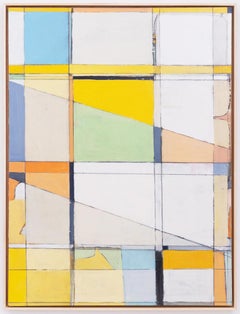 Window Seat (Geometric, Lyrical Abstract Vertical Oil Painting in Yellow & Blue)