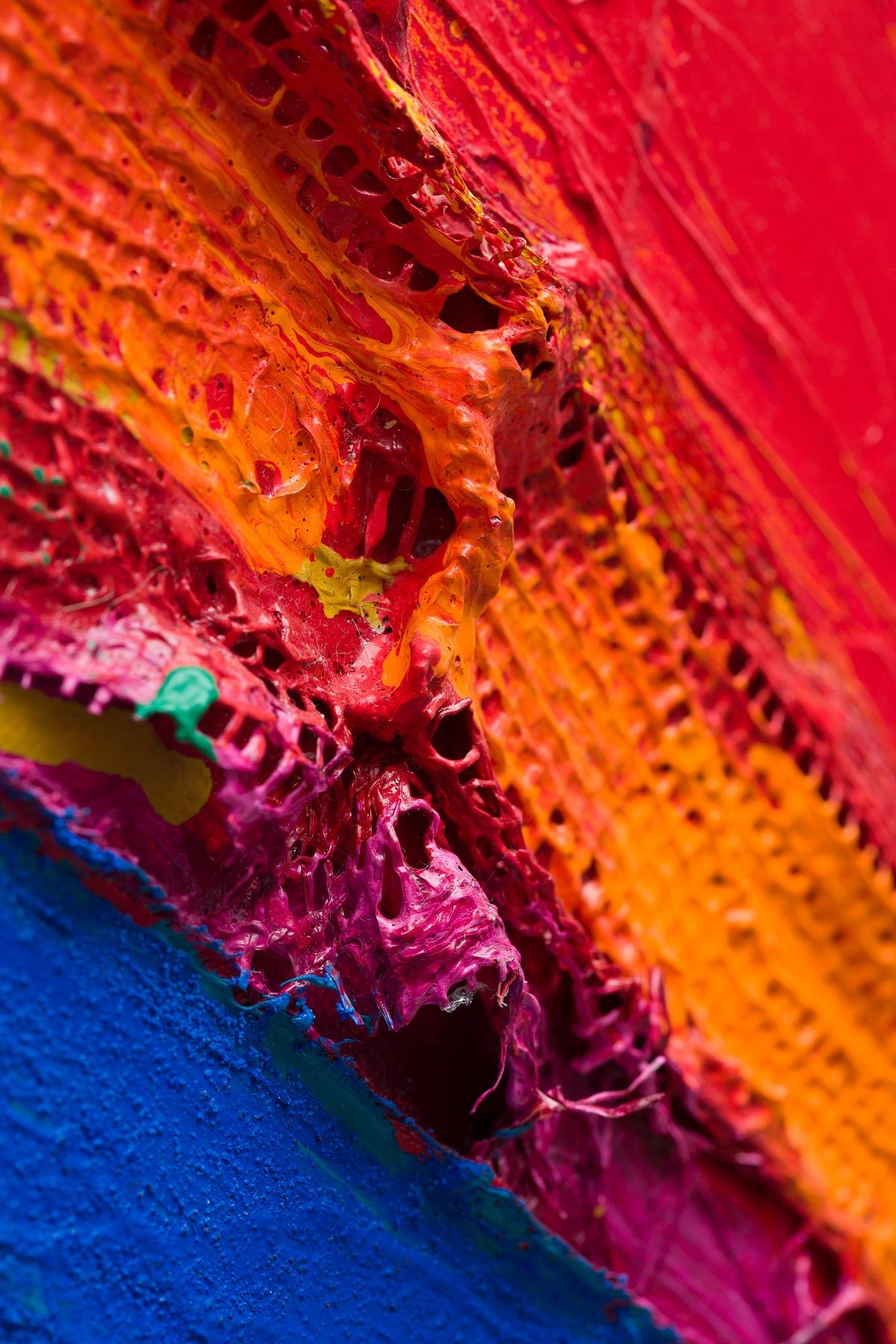 Acrylic and pumice on tuile; sail, netting, sacking, ripstop and canvas - Unframed.

Anthony Frost, son of Sir Terry Frost RA, is an English abstract artist whose vibrant, colorful paintings and prints exhibit the raw energy and freedom of rock