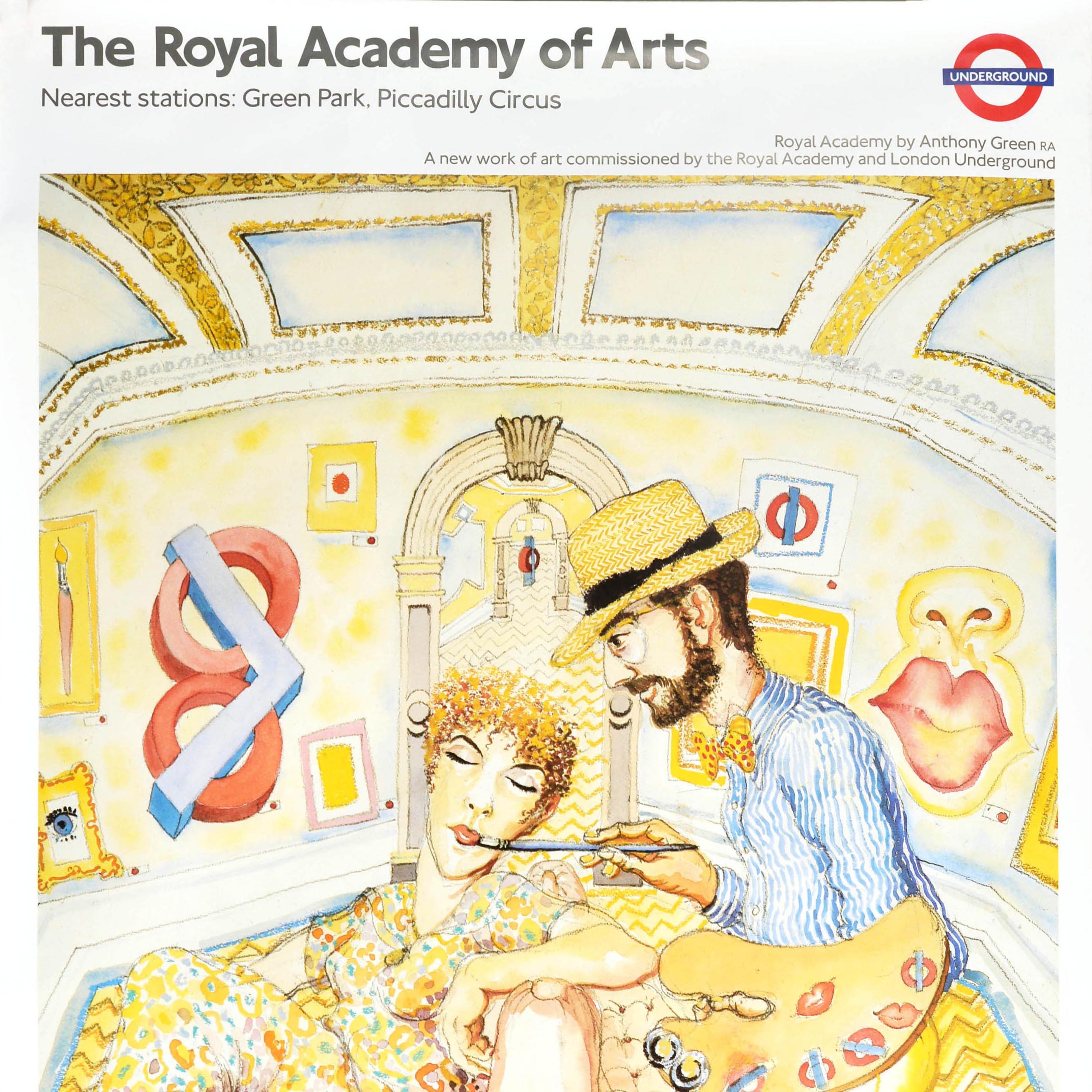 Affiche originale vintage du métro de Londres - The Royal Academy of Arts stations les plus proches Green Park, Piccadilly Circus - représentant un dessin abstrait d'un peintre tenant une palette de peinture et peignant le visage d'une dame assise