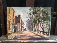 Luce diffusa, scena di città impressionista, pittura ad olio firmata