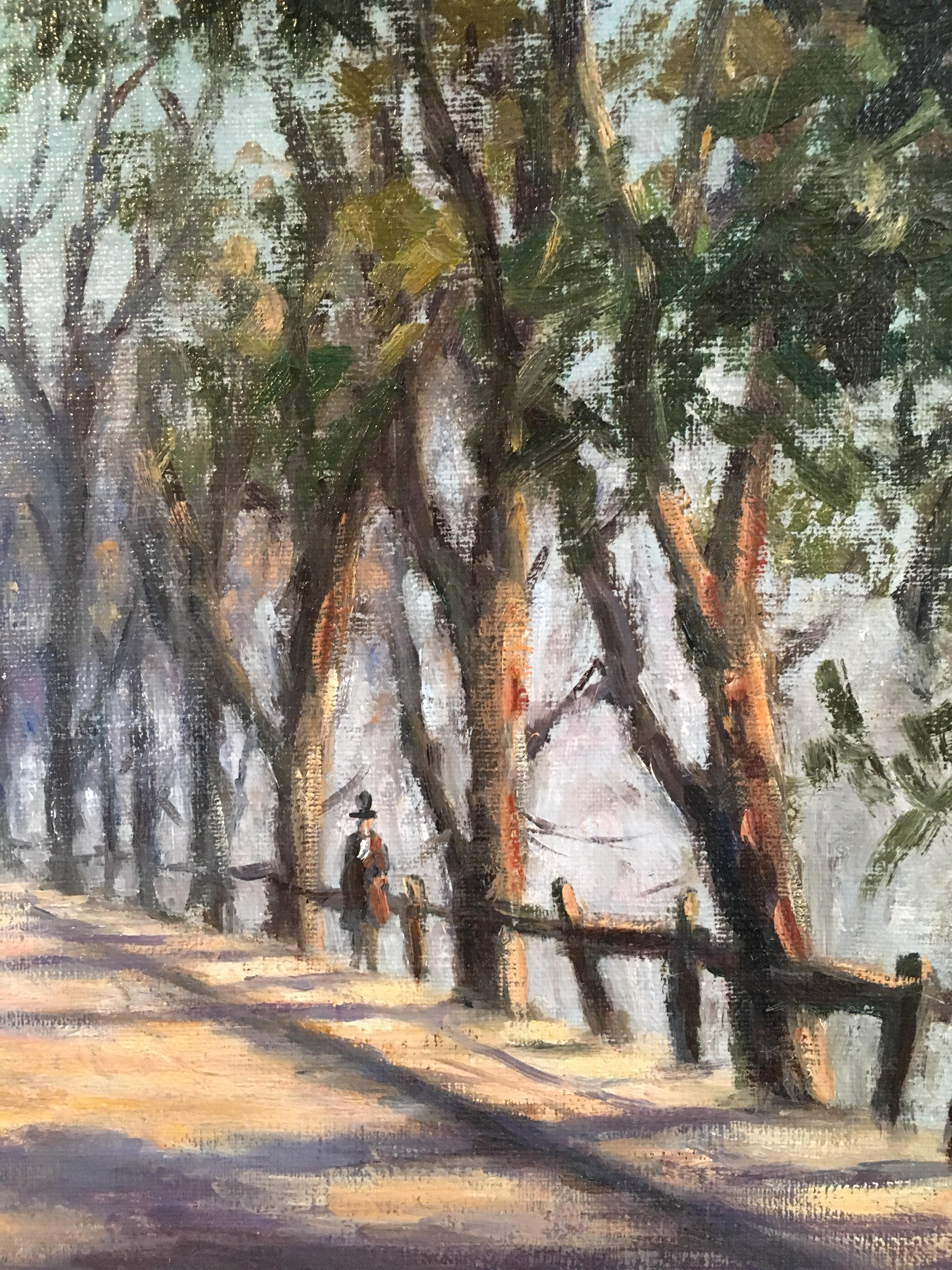 Dappled Light, impressionistische Stadtszene, signiertes Ölgemälde (Braun), Landscape Painting, von Anthony Hedges