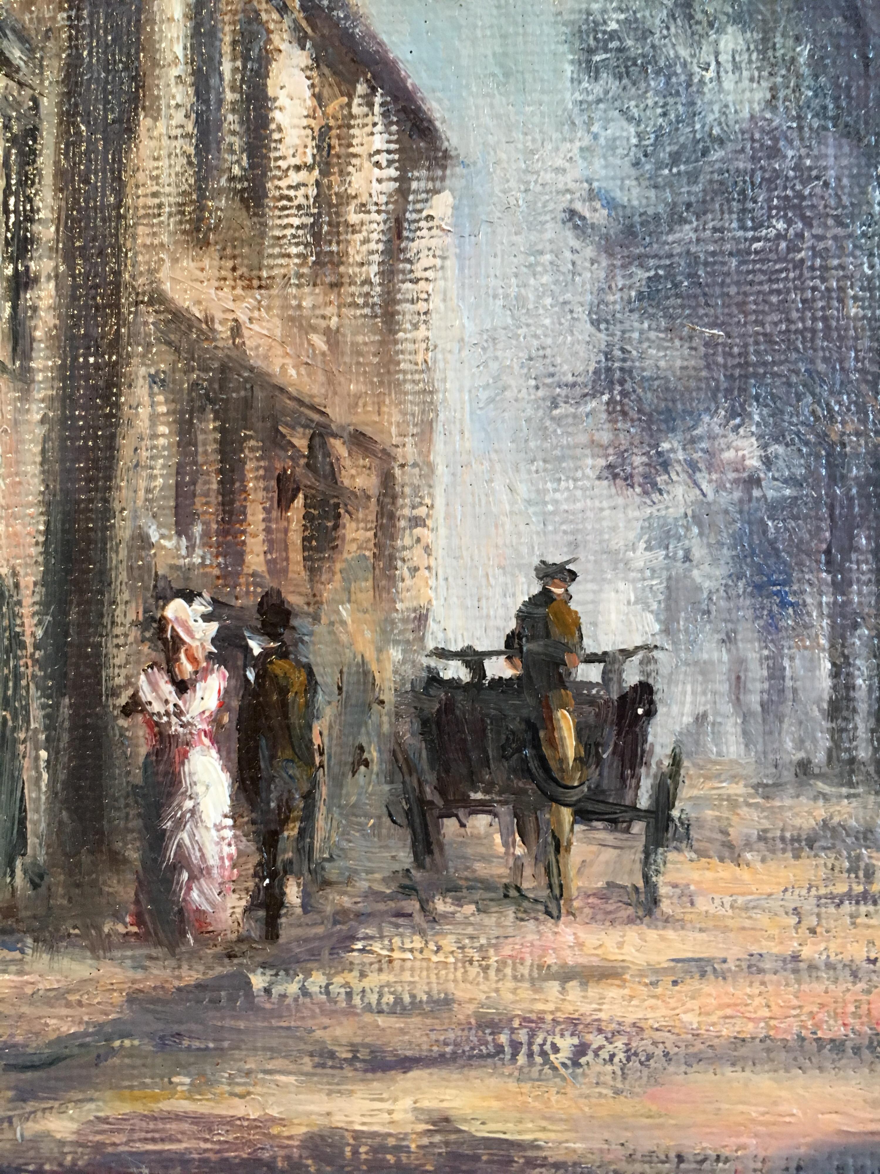 Dappled Light, Impressionist City Scene, Signed Oil Painting
By British artist, Anthony Hedges, 20th Century
Signed by the artist on the lower left hand corner
Oil painting on canvas, unframed
Canvas size: 12 x 16 inches

Beautiful scene of a city