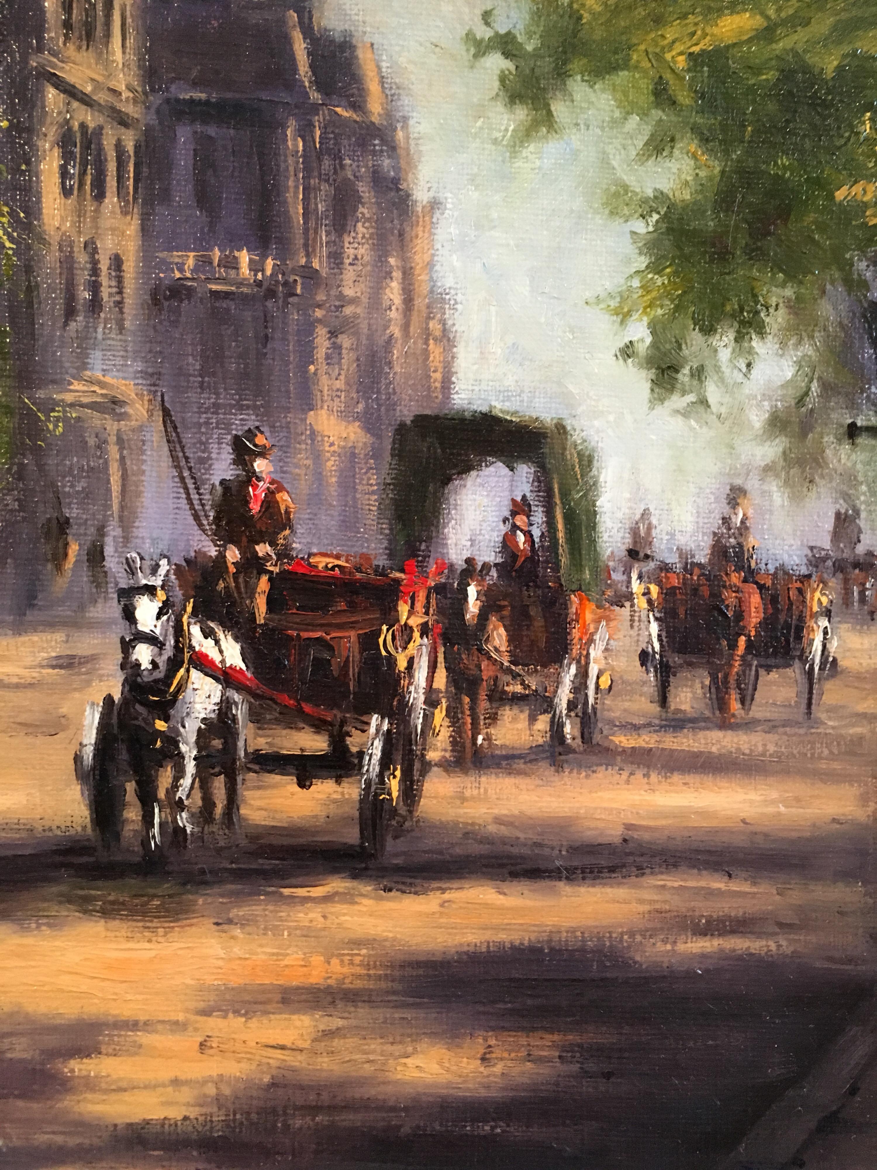 Horse and Carriage, Impressionist City Scene, Signed Oil Painting
By British artist, Anthony Hedges, 20th Century
Signed by the artist on the lower left hand corner
Oil painting on canvas, unframed
Canvas size: 16 x 12 inches

Beautiful scene of a
