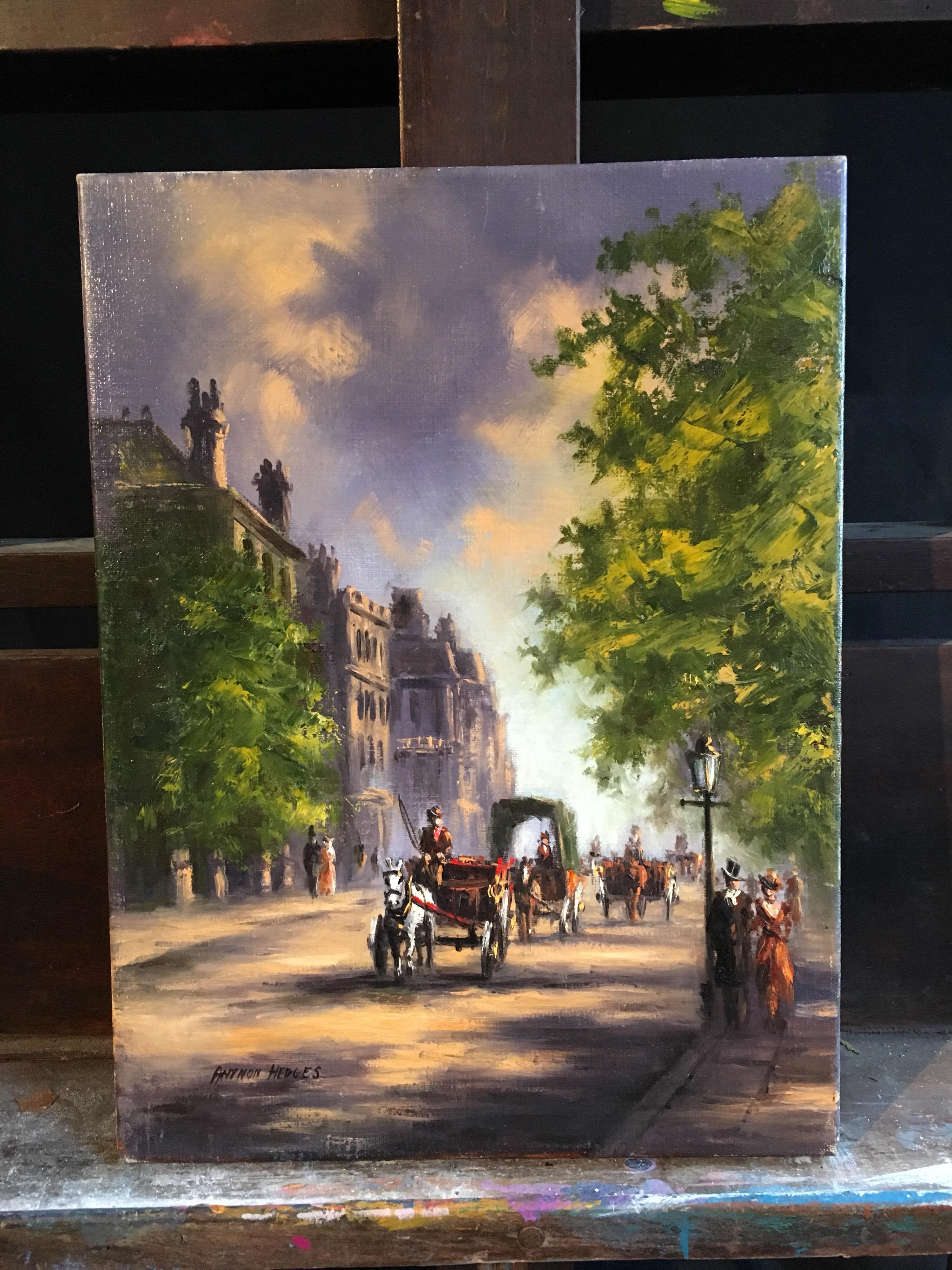 Horse and Carriage, Impressionist City Scene, Signed Oil Painting 3