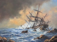 Grande dipinto a olio di Marin britannico Classico naufragio di nave a vela alta su rocce in mare