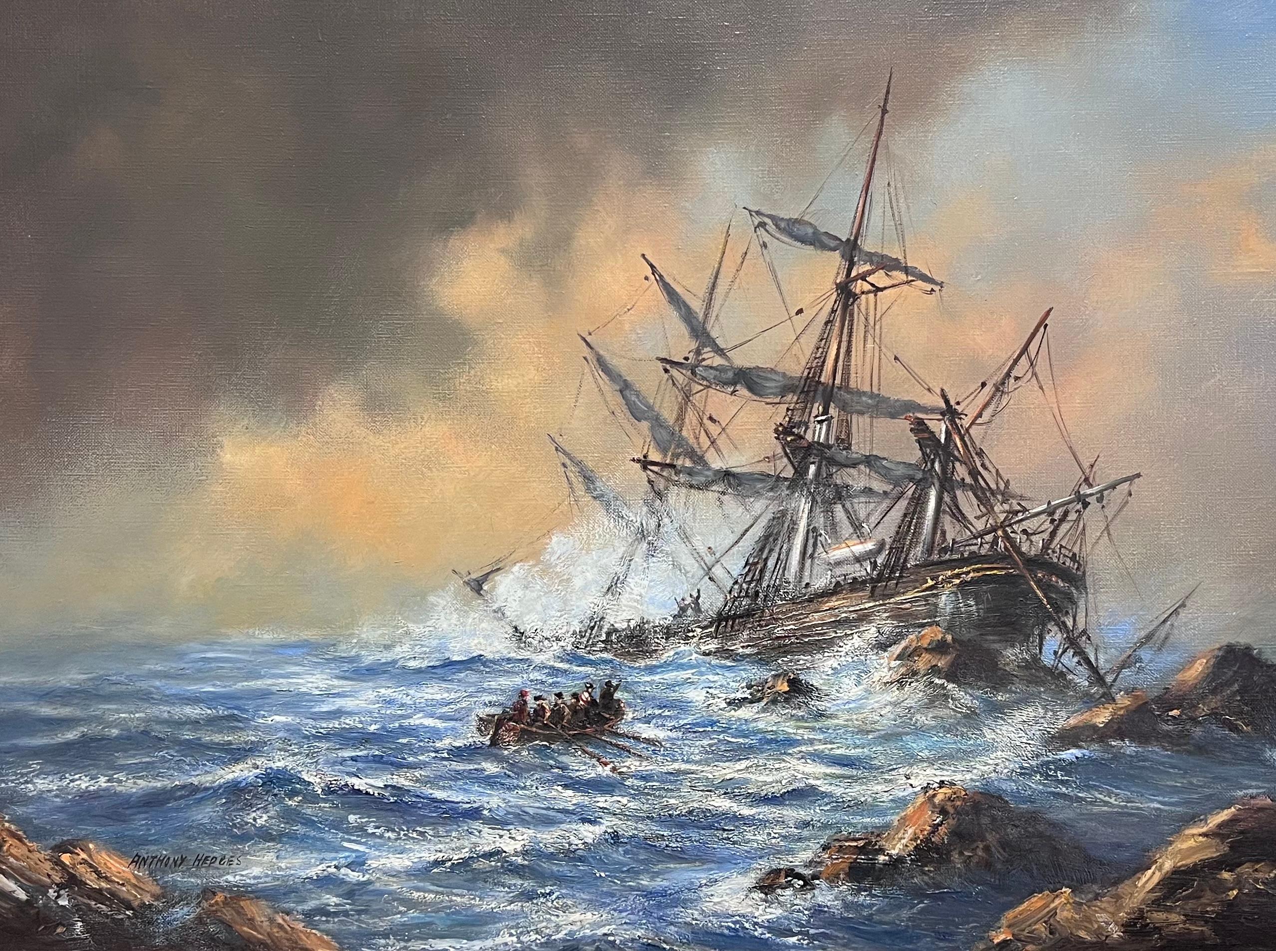 Große britische Marine Ölgemälde Classic Tall Segeln Schiffswrack auf Felsen auf See (Impressionismus), Painting, von Anthony Hedges