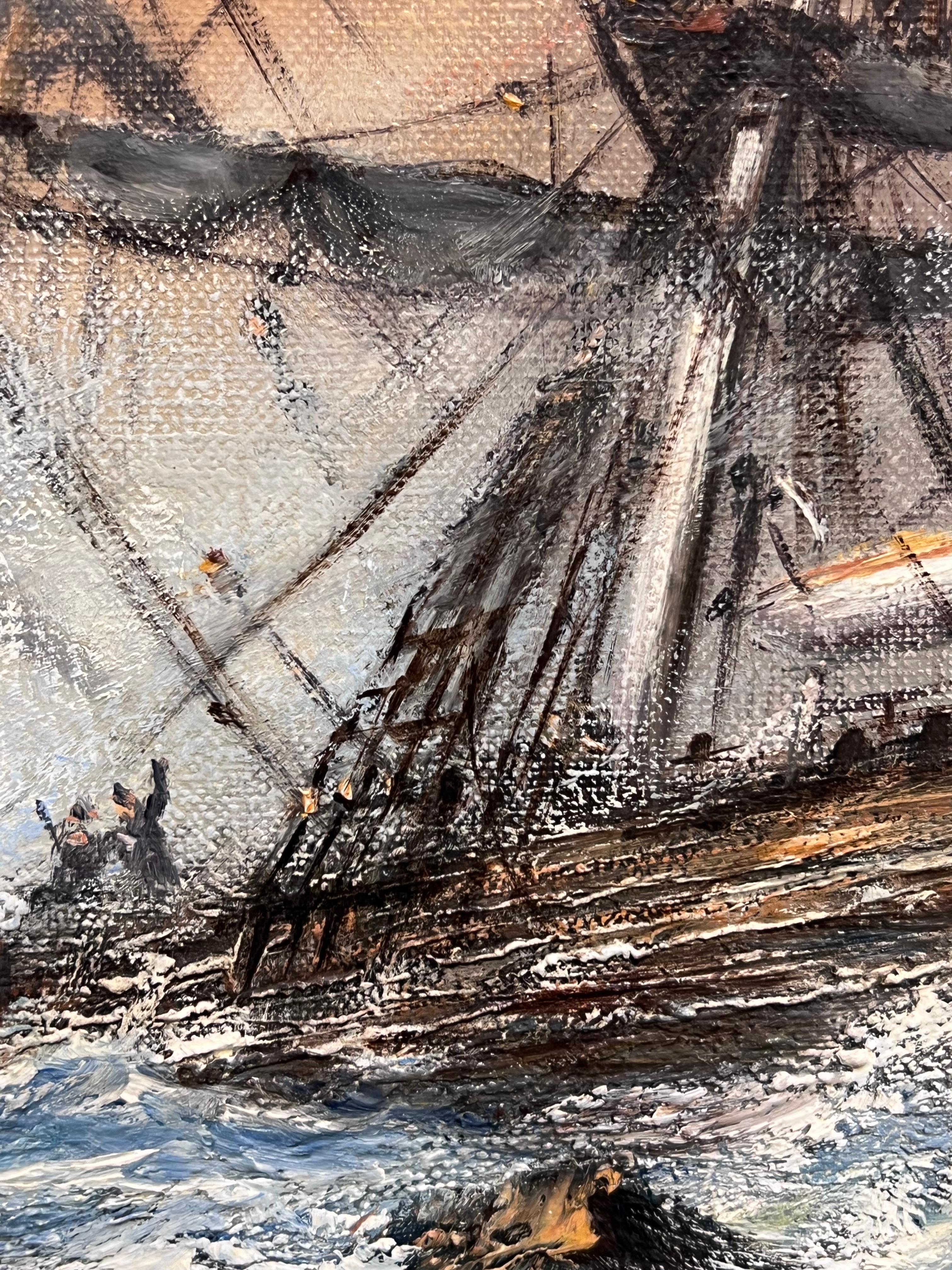 Große britische Marine Ölgemälde Classic Tall Segeln Schiffswrack auf Felsen auf See im Angebot 2