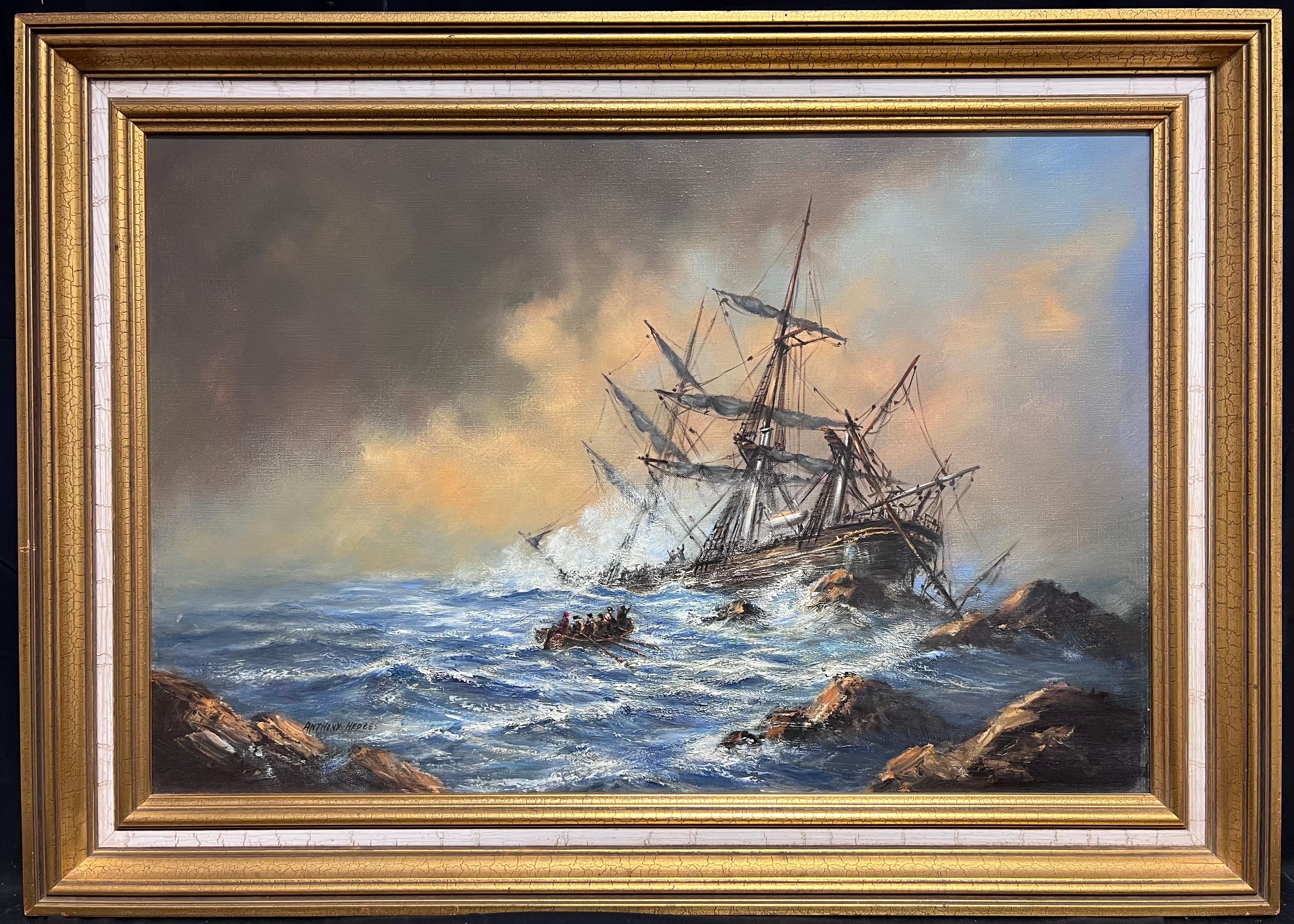 Große britische Marine Ölgemälde Classic Tall Segeln Schiffswrack auf Felsen auf See
