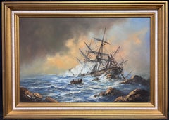 Large British Marine Oil Painting Classic Tall Sailing Shipwreck on Rocks at Sea