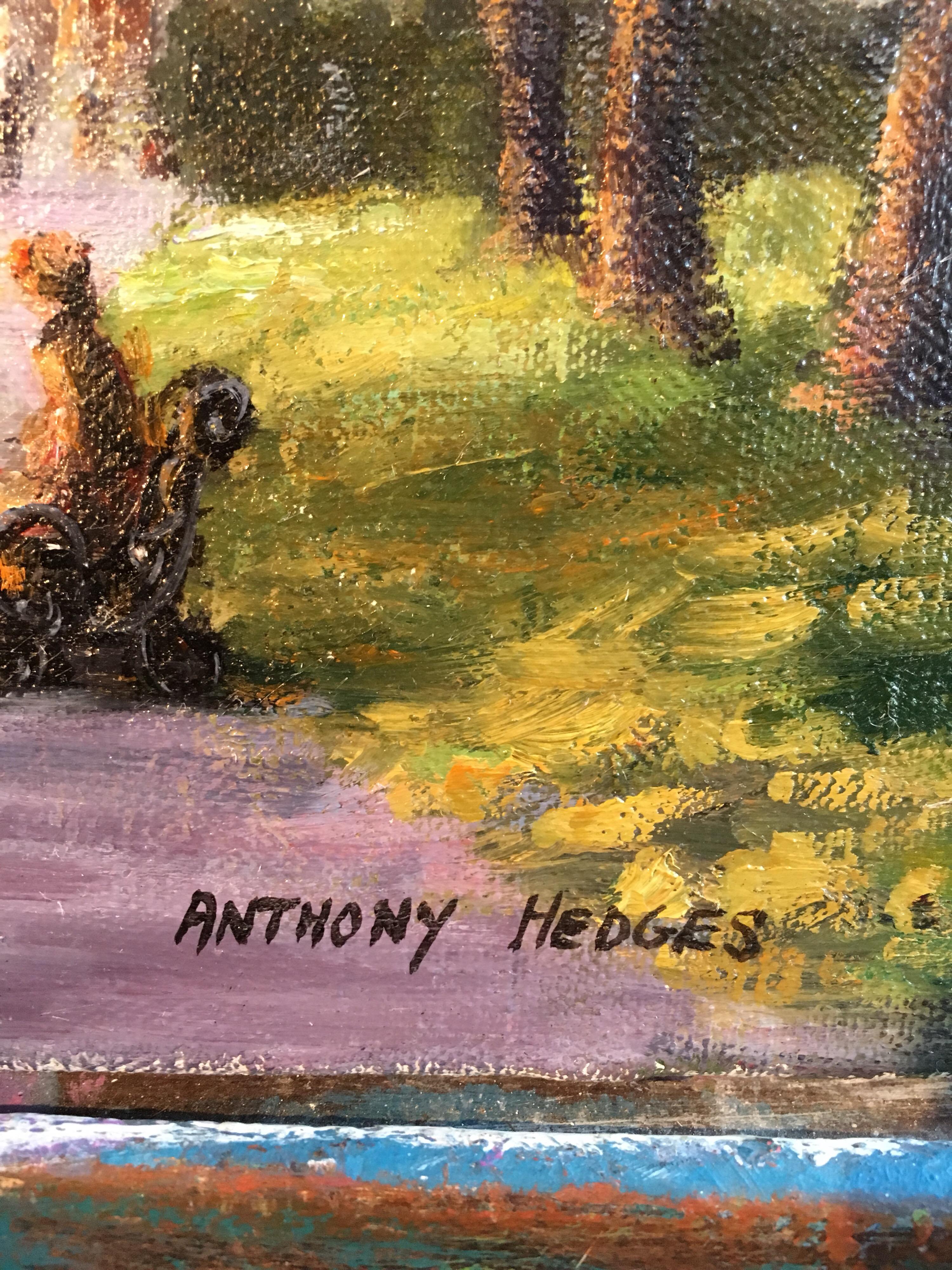 Park Walk, Impressionistische Stadtszene, Signiertes Ölgemälde
Von dem britischen Künstler Anthony Hedges, 20. Jahrhundert
Signiert vom Künstler in der rechten unteren Ecke
Ölgemälde auf Leinwand, ungerahmt
Leinwandgröße: 12 x 16 Zoll

Schöne Szene